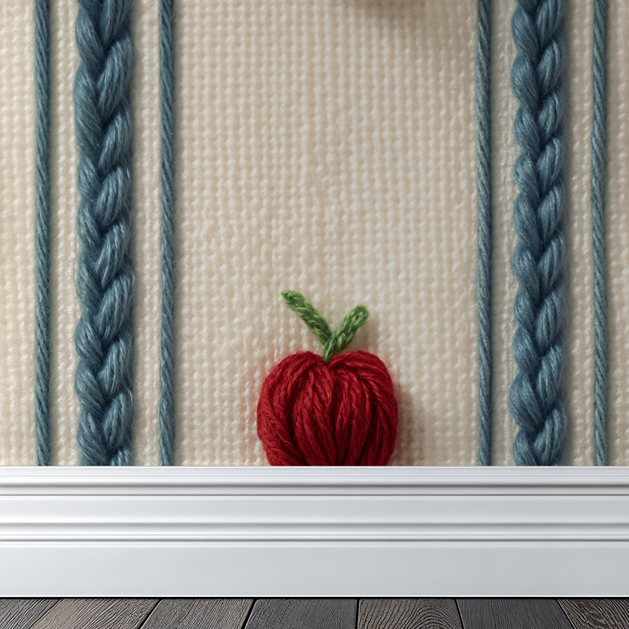 Vintage wallpaper with red apple and blue stripes on cream background