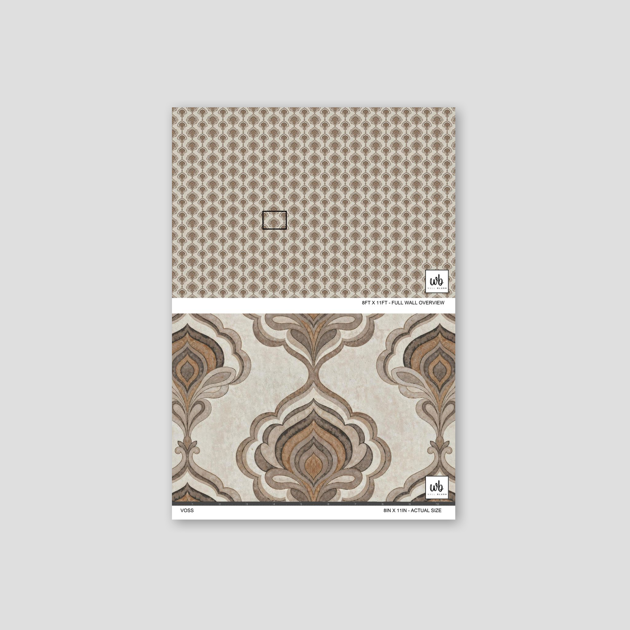 Voss wallpaper with ornate taupe and caramel motifs on textured background.