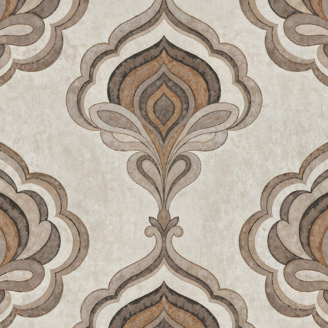 Voss wallpaper with ornate taupe and caramel motifs on cream background