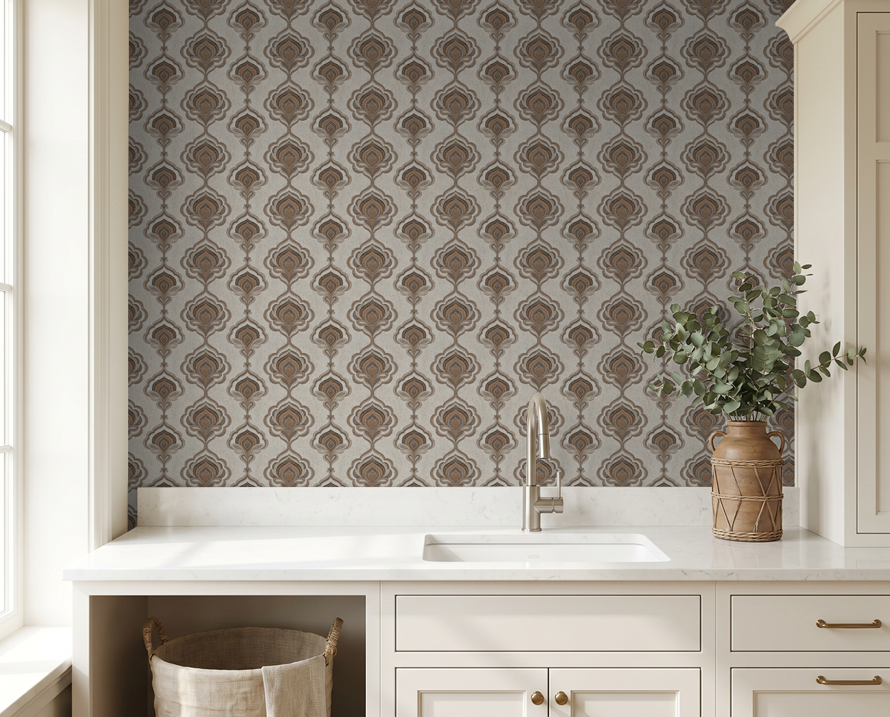 Voss wallpaper with ornate taupe and charcoal pattern in elegant kitchen setting.