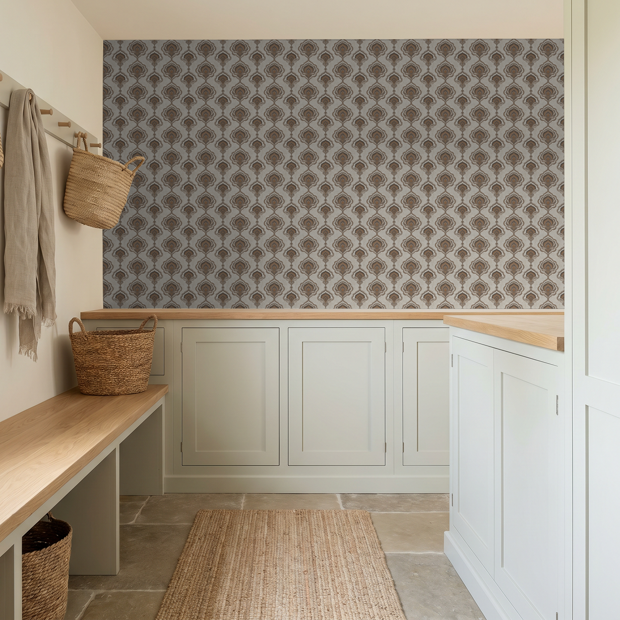 Voss wallpaper with ornate taupe and charcoal motifs in a modern mudroom.