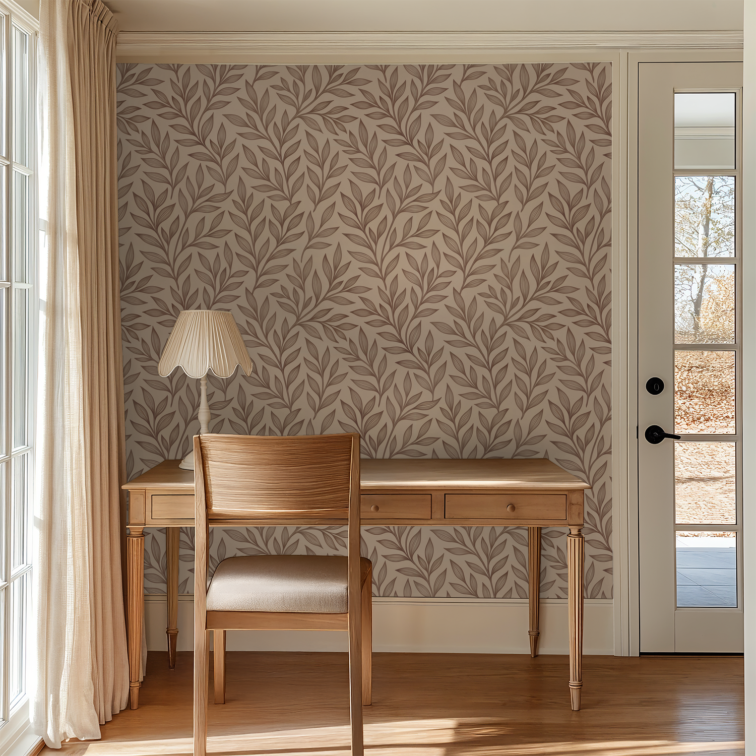 Warm earthy brown vine wallpaper in serene home office setting.