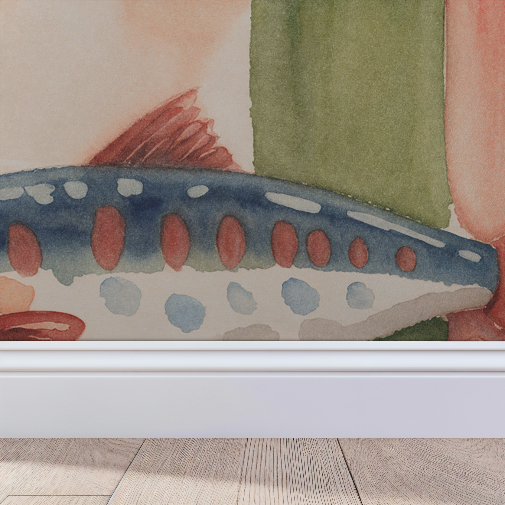 Watercolor fish pattern wallpaper with vibrant blues, greens, and coral tones.