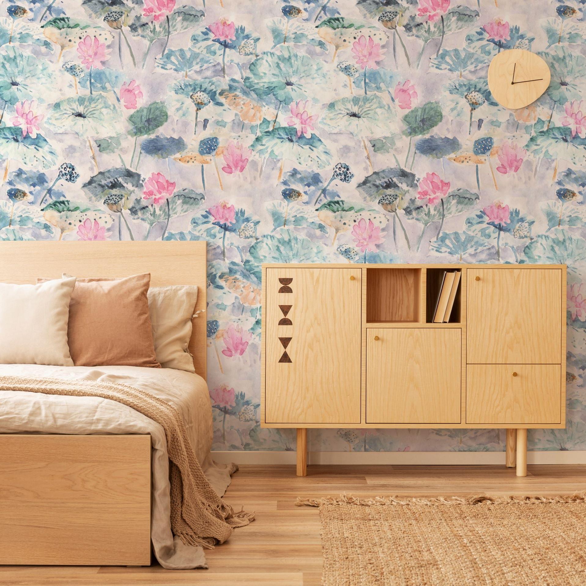 Delilah Wallpaper from Wall Blush SG02 beautifies a cozy bedroom setting, with floral design as the focal point.