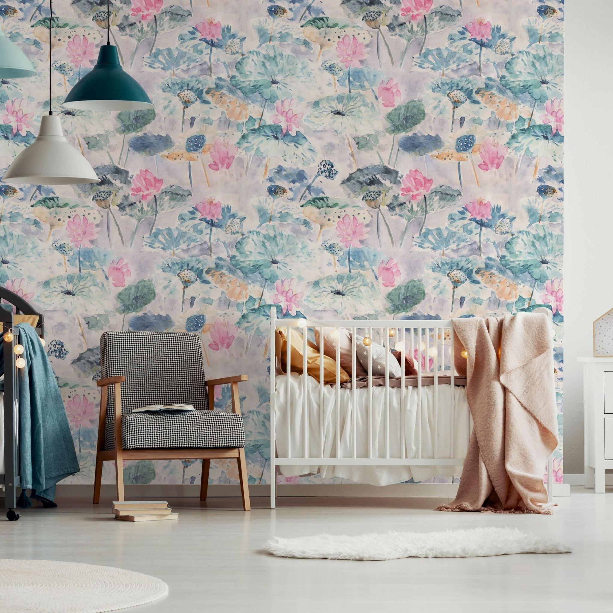 Delilah Wallpaper by Wall Blush SG02 in cozy nursery room with floral designs, main focus on wall decor.
