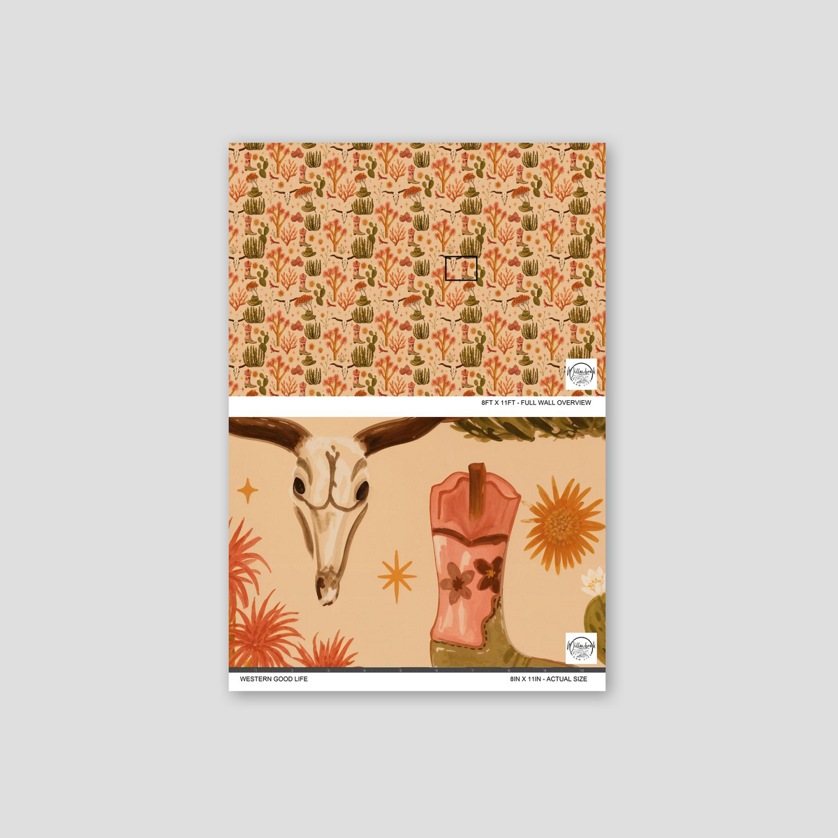 Western Good Life wallpaper with cacti, cowboy boots, skulls in terracotta and sage tones.