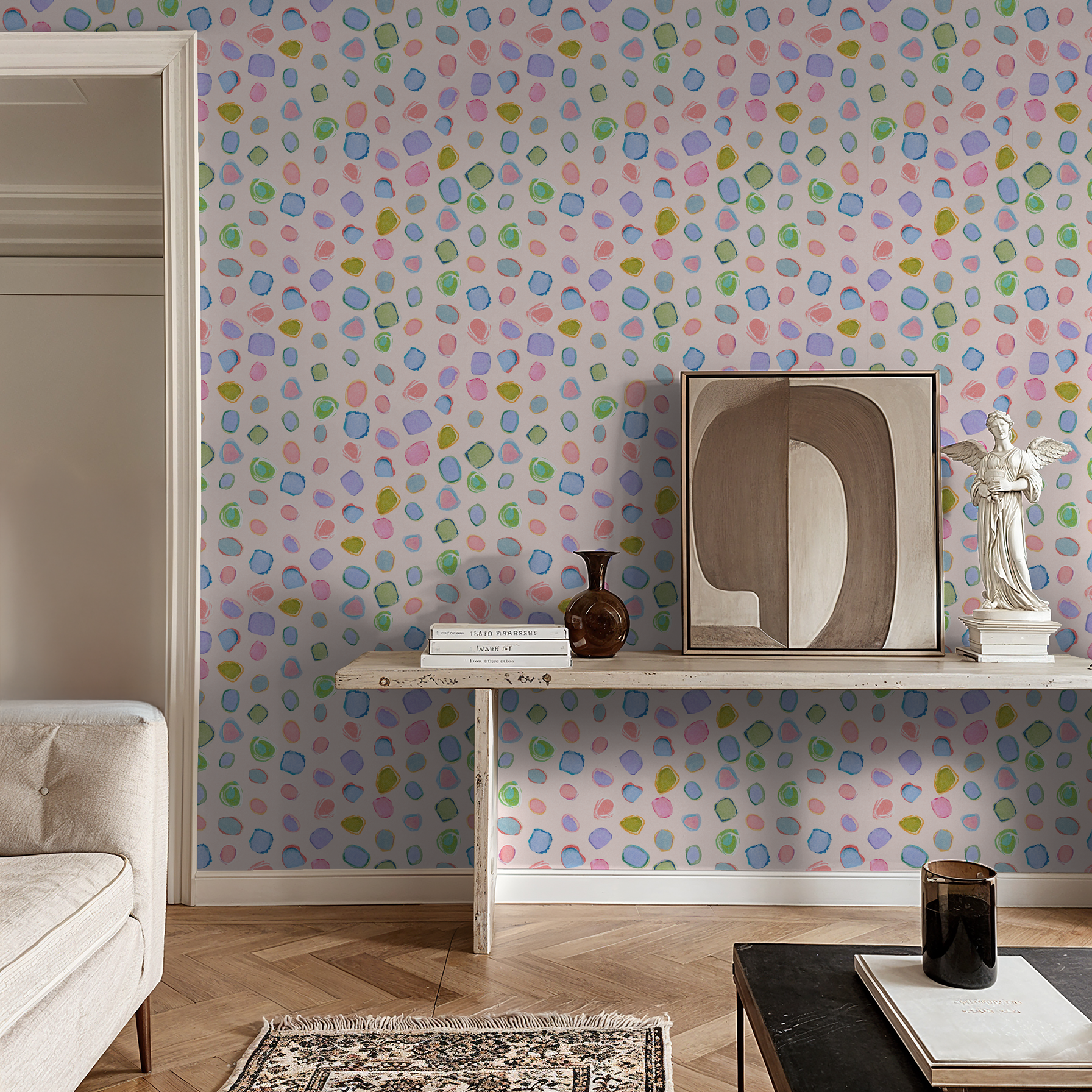 Whimsical pastel abstract wallpaper in a modern living room with art decor.