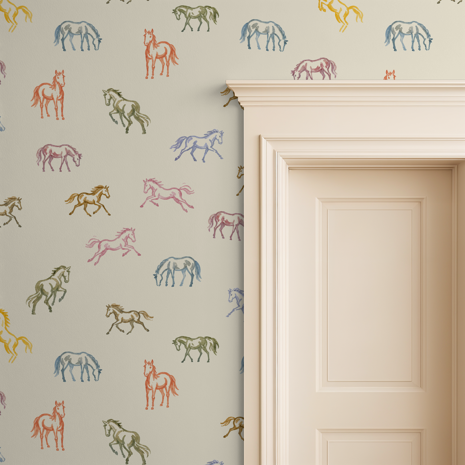 Whimsical pastel horse wallpaper in a cream room with doorframe.
