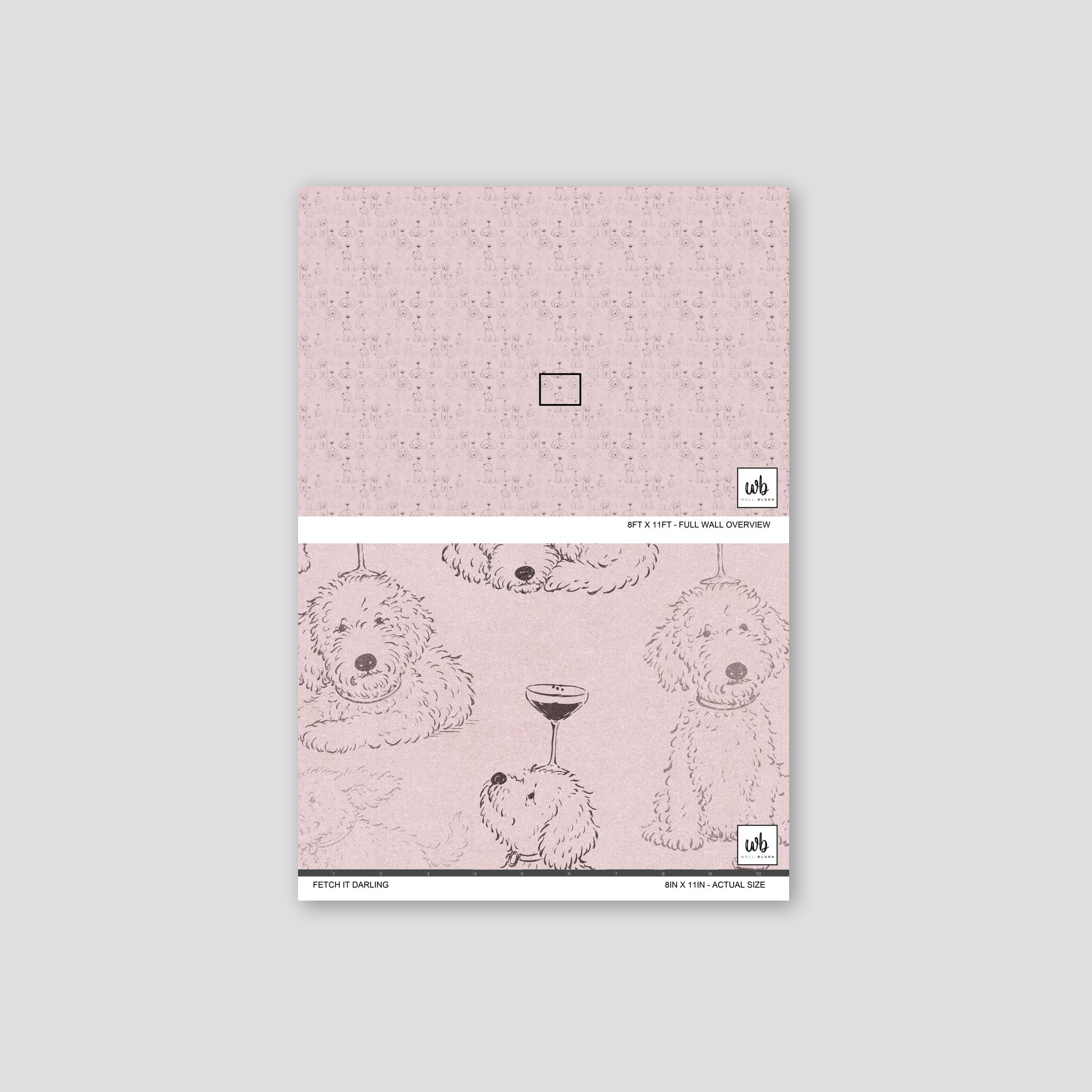 Whimsical pink wallpaper with dogs balancing glasses, playful design.