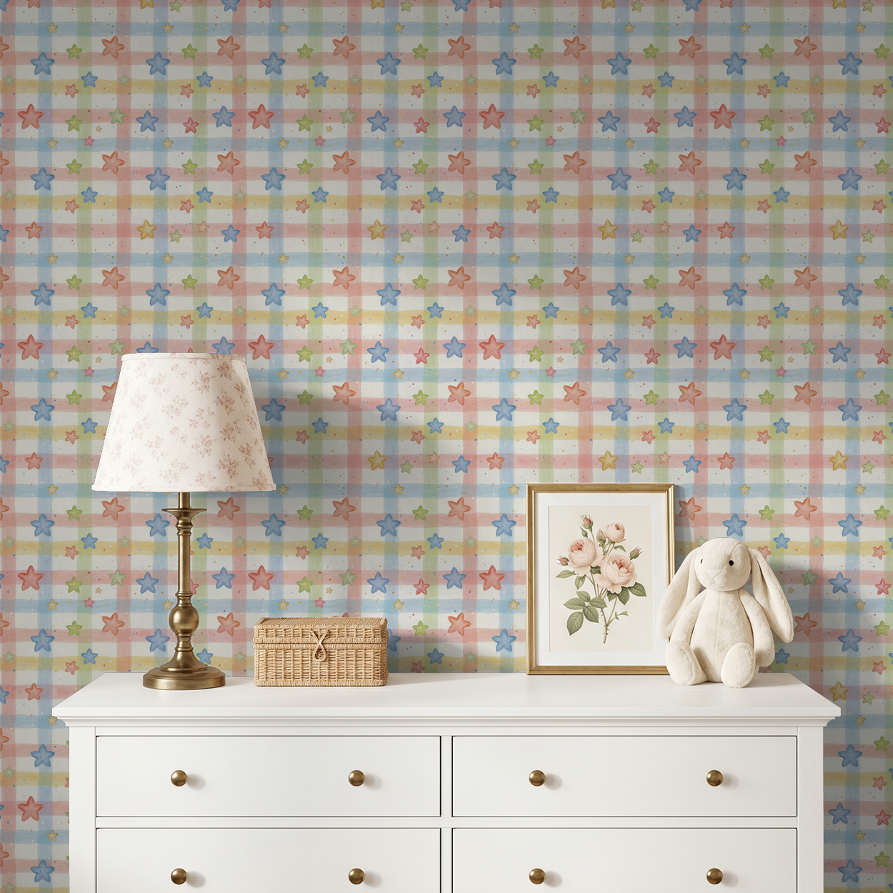 Whimsical star plaid wallpaper in pastel colors in a child's room with lamp and toys.