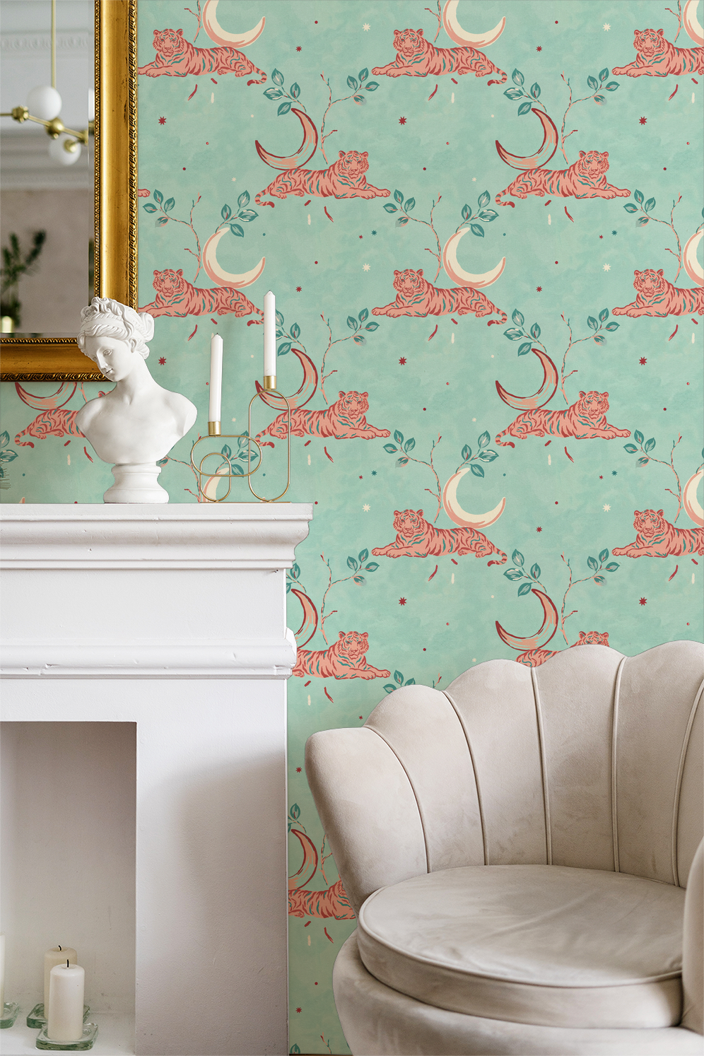 Whimsical tiger and moon wallpaper in aqua with coral accents in elegant room setting.