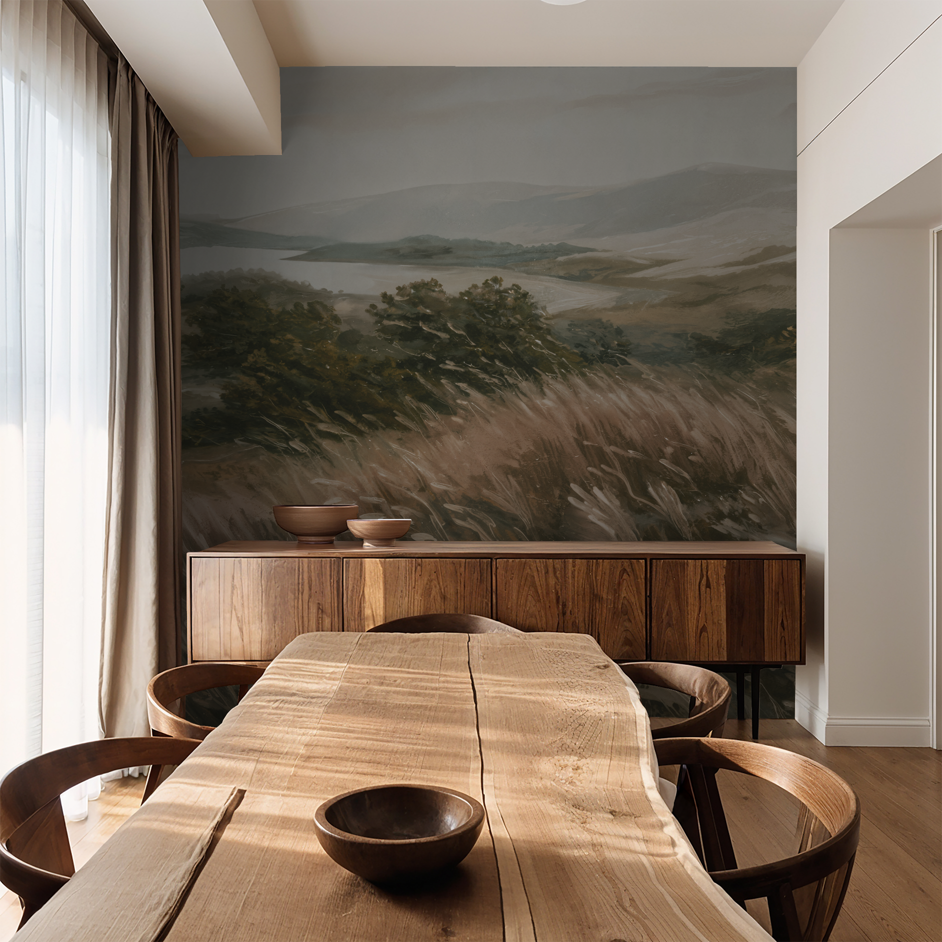 Whispering Wind wallpaper with serene landscape in dining room setting