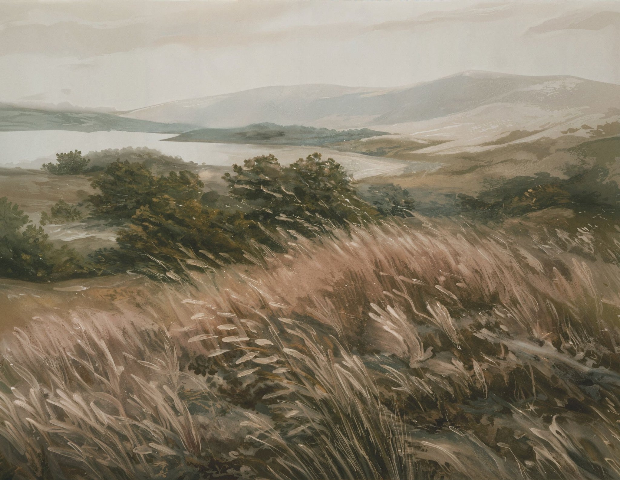Whispering Wind wallpaper with olive green and taupe landscape, serene hills and grasses.