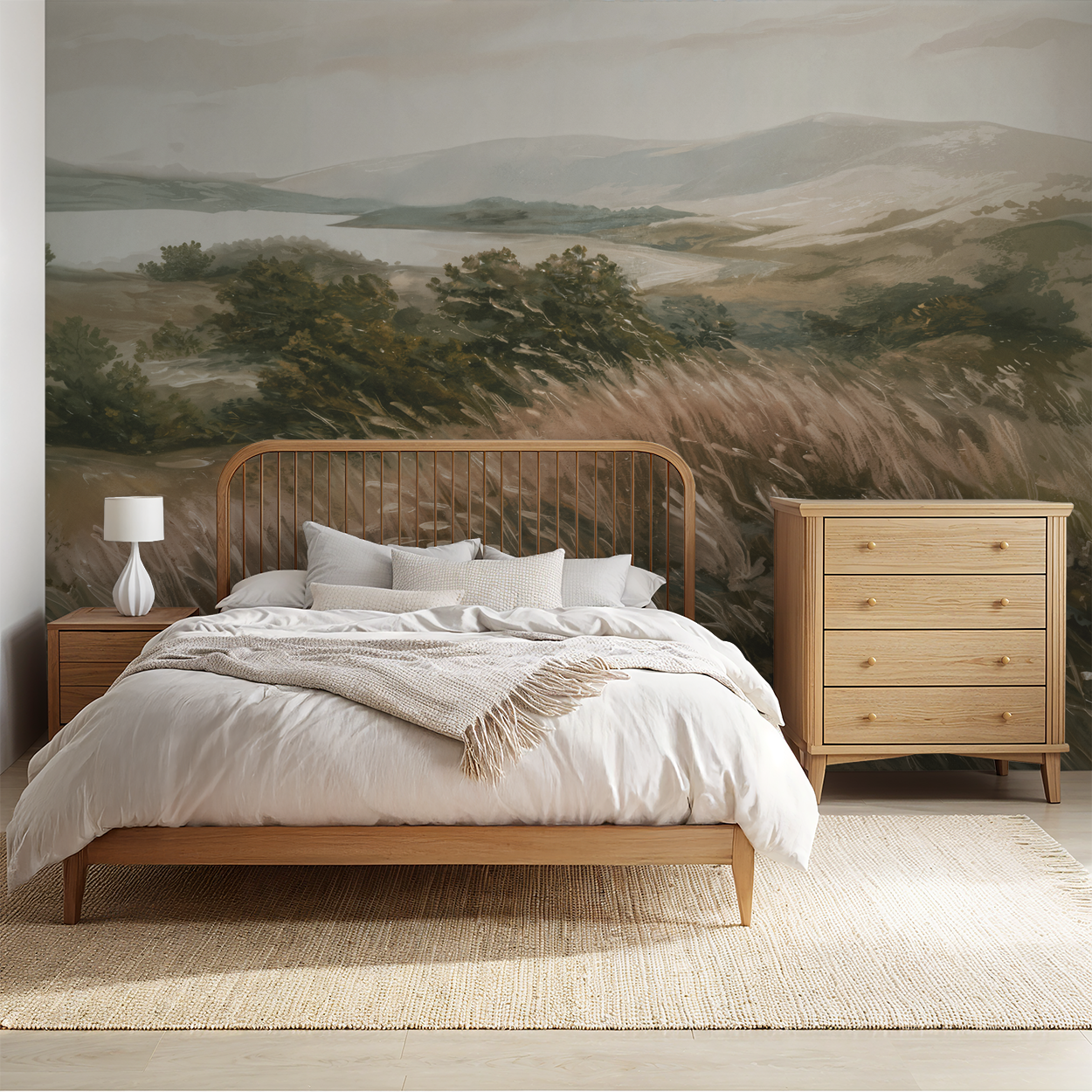 Whispering Wind wallpaper with olive and taupe landscape in serene bedroom setting.