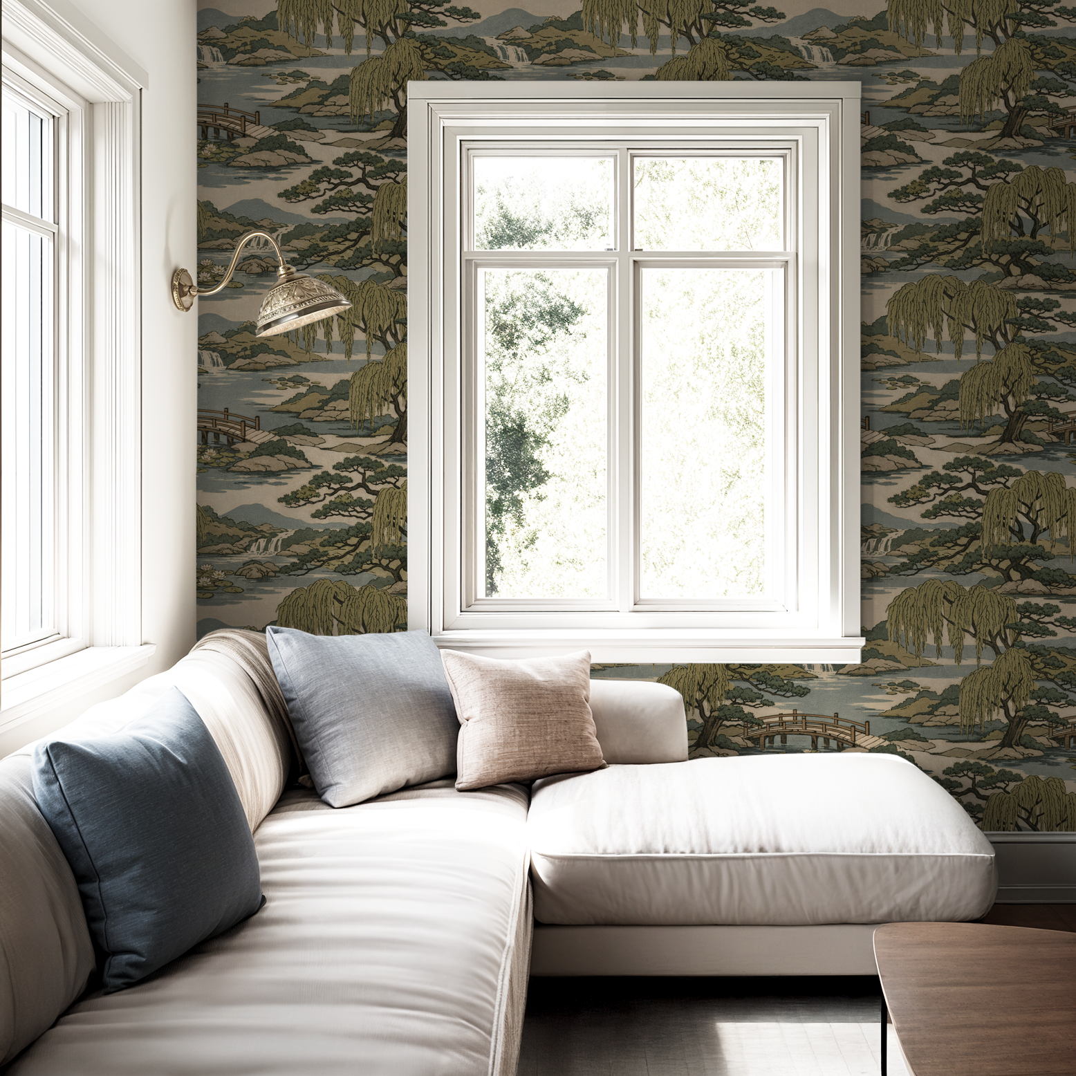 Willow Crossing wallpaper with Japanese garden scene in living room with white sofa.