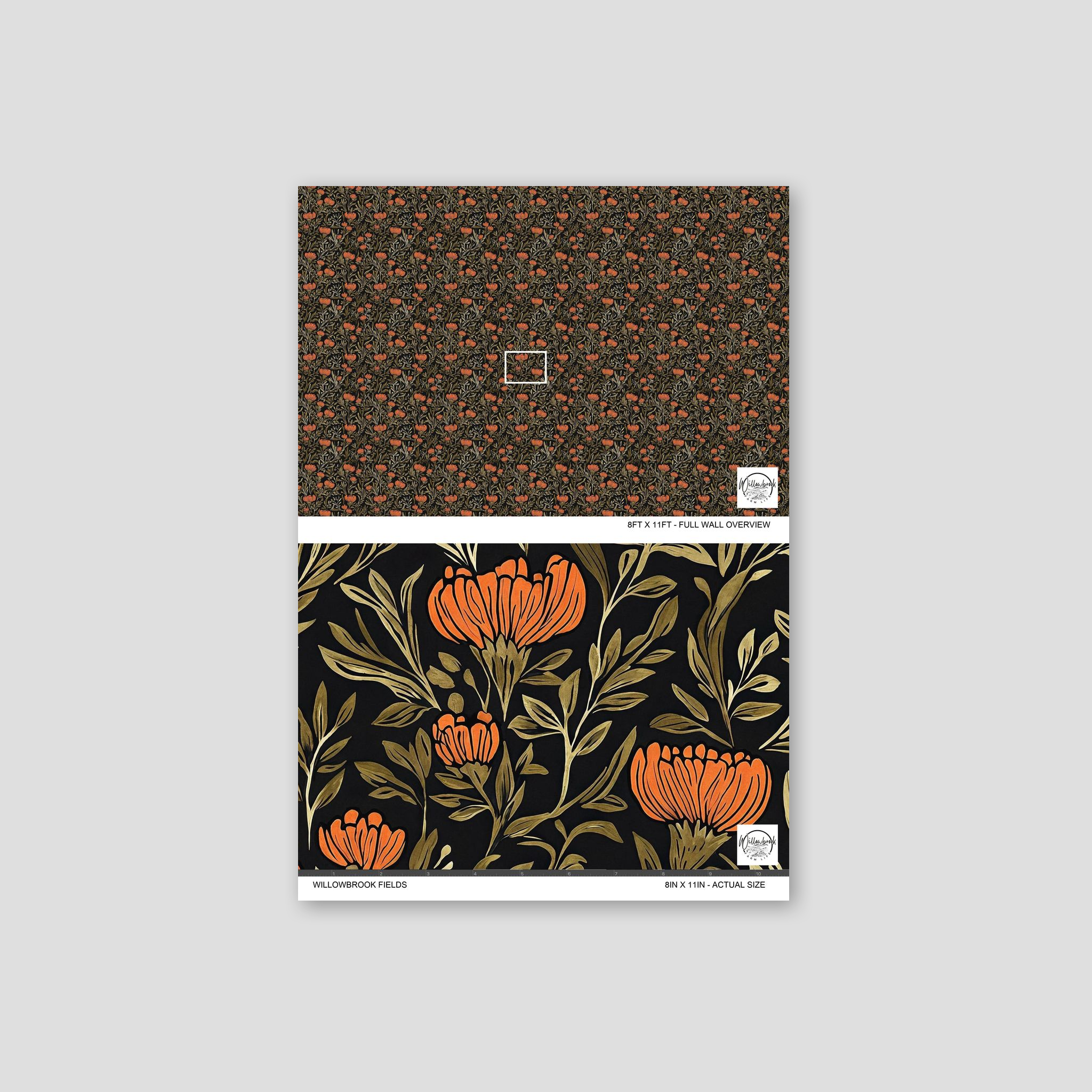 Willowbrook Fields wallpaper with bold orange floral pattern on black background.