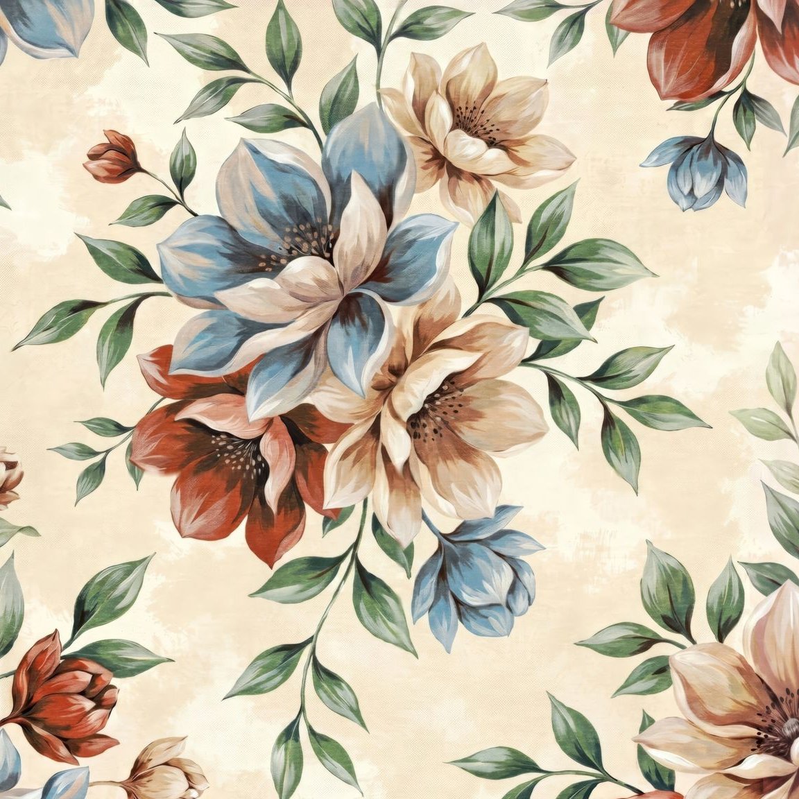 Winslow wallpaper with large blue and red flowers on beige background
