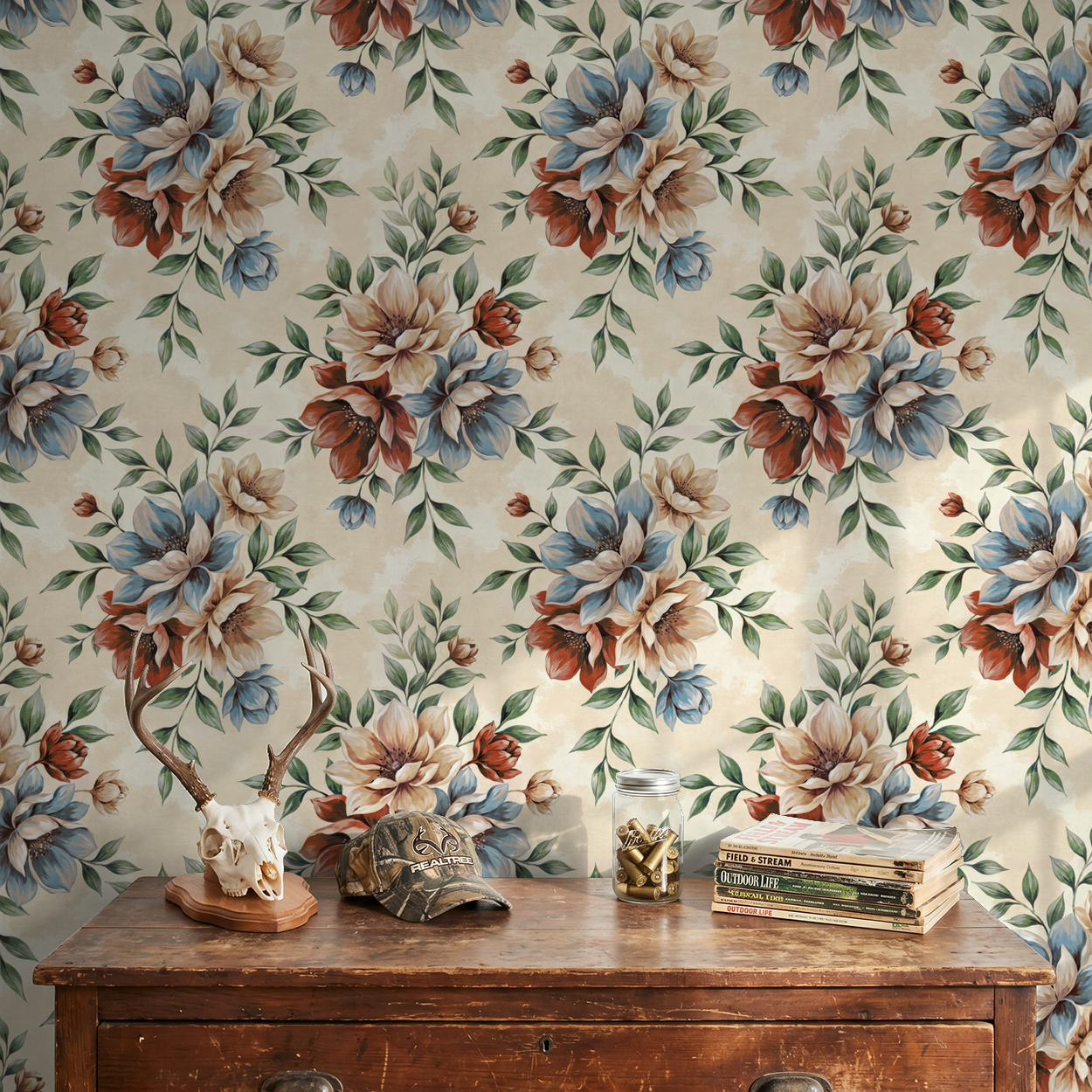 Winslow floral wallpaper with blue and red flowers on beige in rustic room