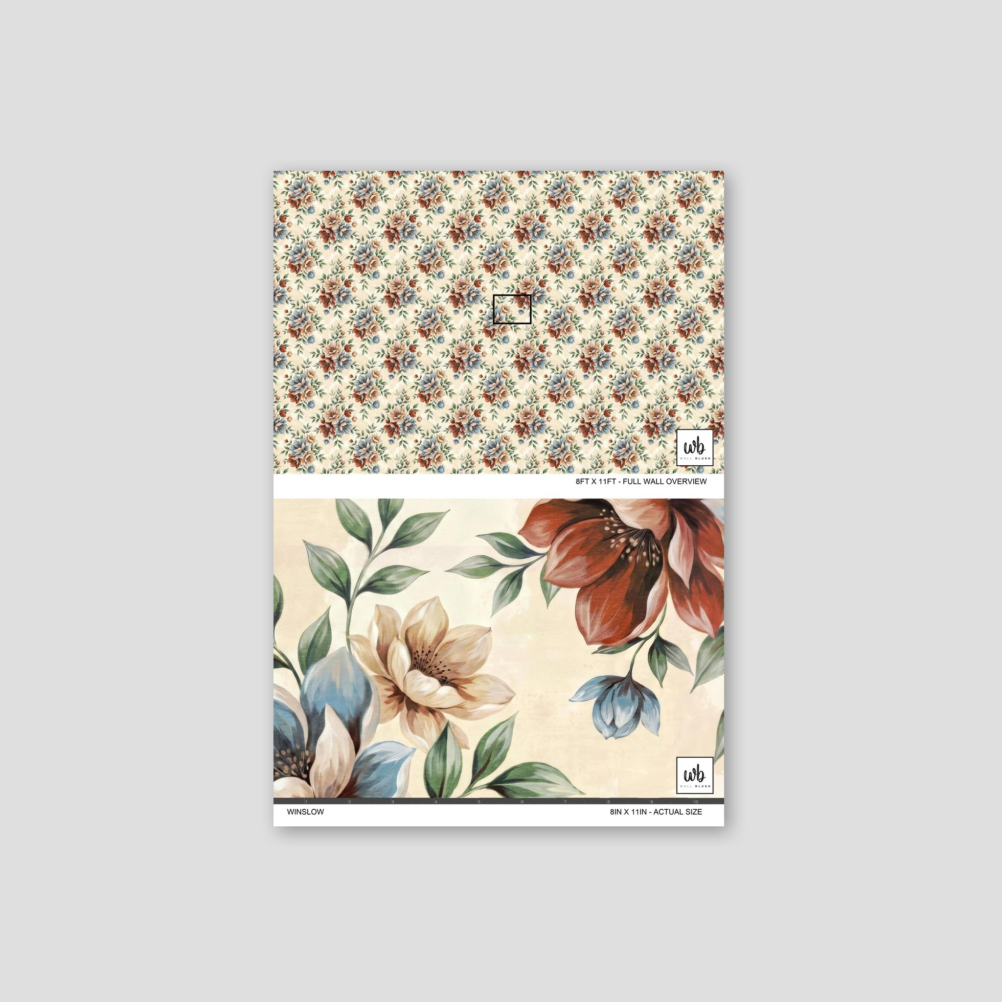 Winslow wallpaper with large painterly flowers in blues, reds, creams on beige background.