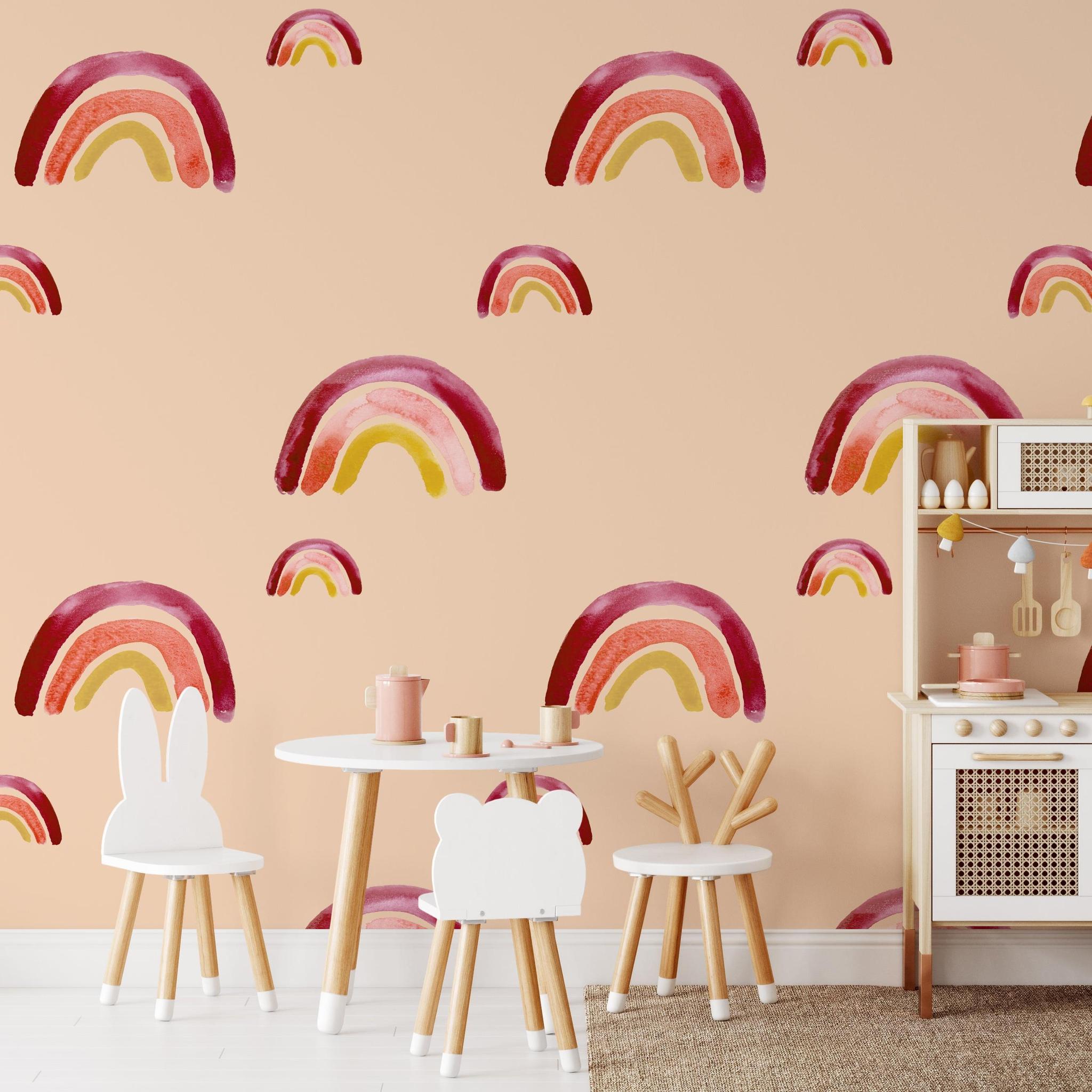 Follow Your Dreams Wallpaper by The Minty Line adorns a playful children's room, highlighting vibrant decor.