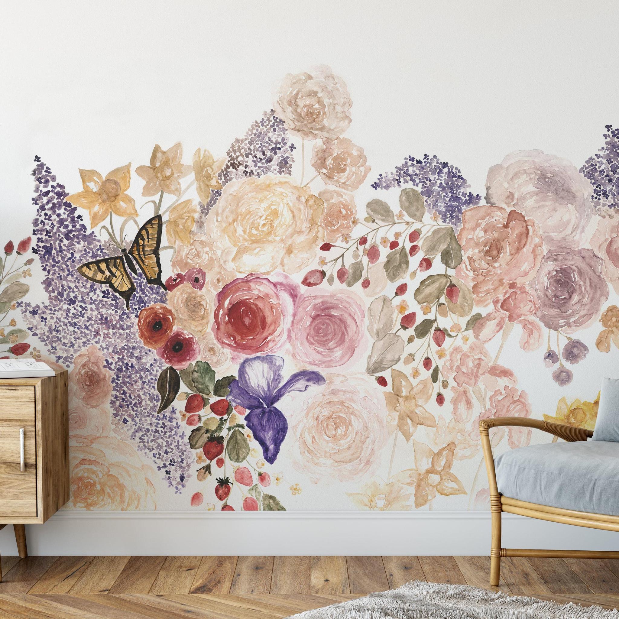 Garden Whimsy Wallpaper by The Salem Gideon Line enhancing the charm of a cozy living room interior.