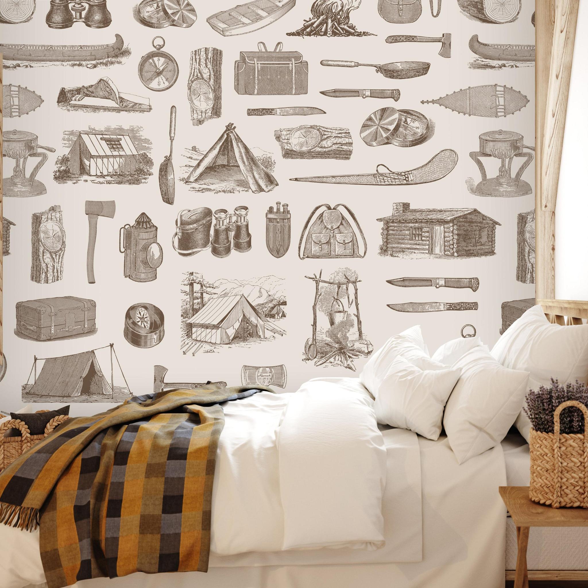 Cozy bedroom featuring Scout (Brown) Wallpaper by Wall Blush SG02 with adventure-themed decor.