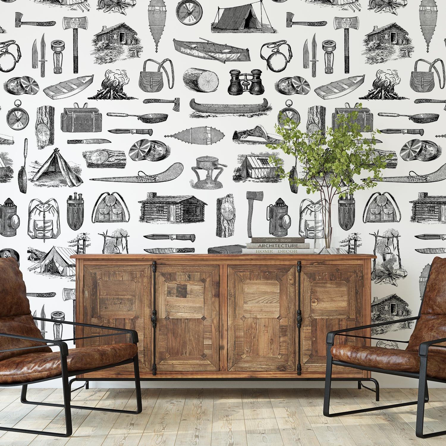 Scout Black Wallpaper by Wall Blush SG02 featured in modern living room, emphasizing chic wall decor focus.