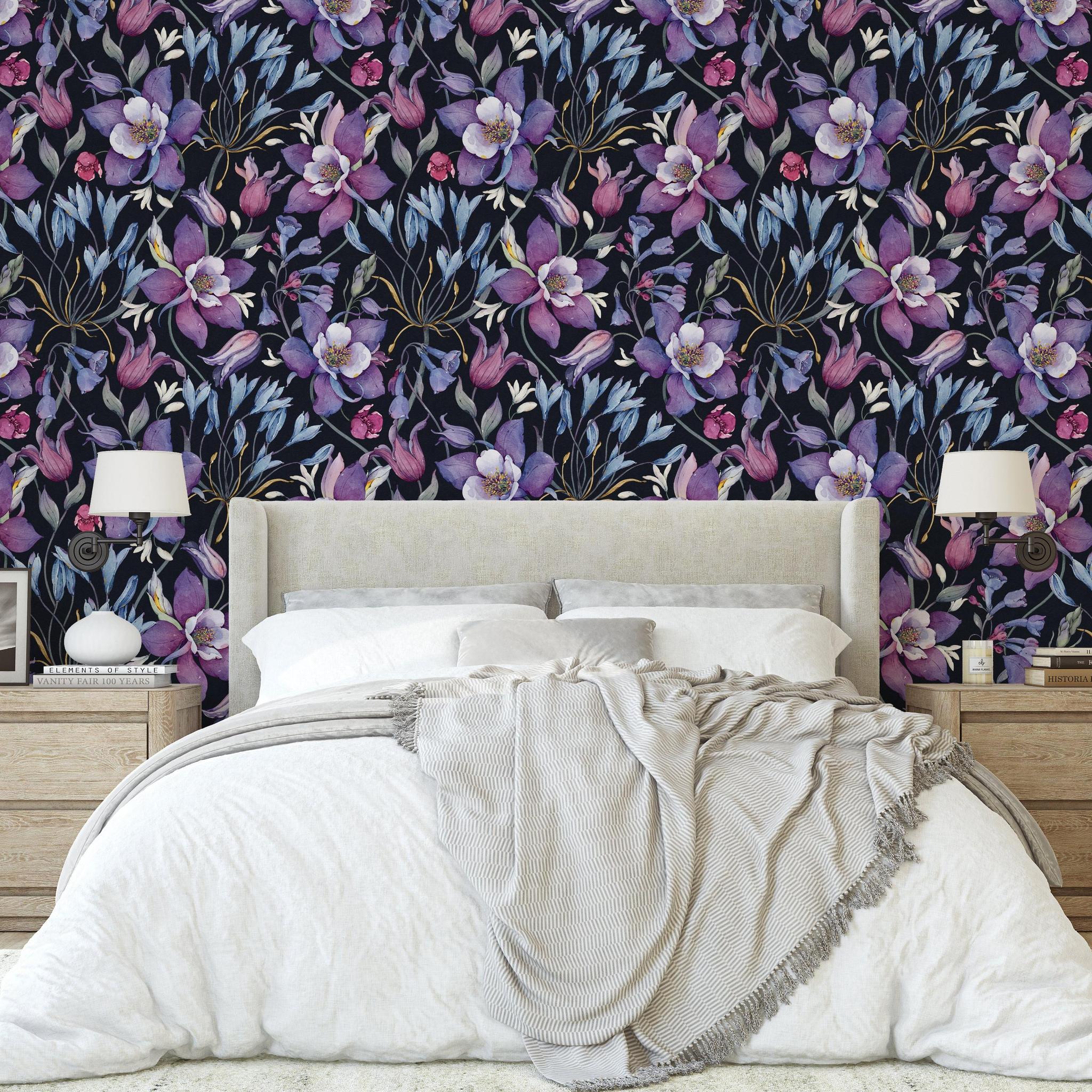 Agnes Wallpaper by Wall Blush SG02 in a stylish bedroom with a floral focus, creating an elegant atmosphere.