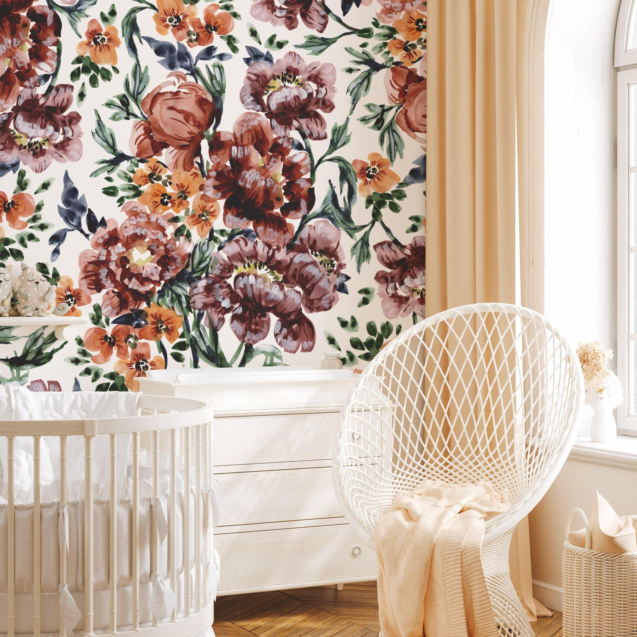 Harper Wallpaper from The Ania Zwara Line showcasing floral design in a stylish nursery room.
