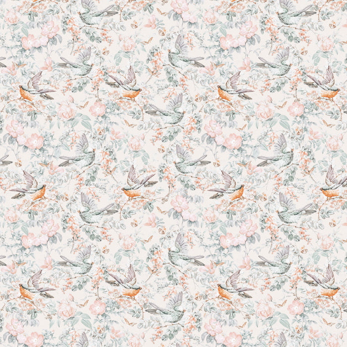 Alt text: "Elegant Arden Wallpaper by Wall Blush featured in a living room setting, highlighting the detailed bird and floral design."