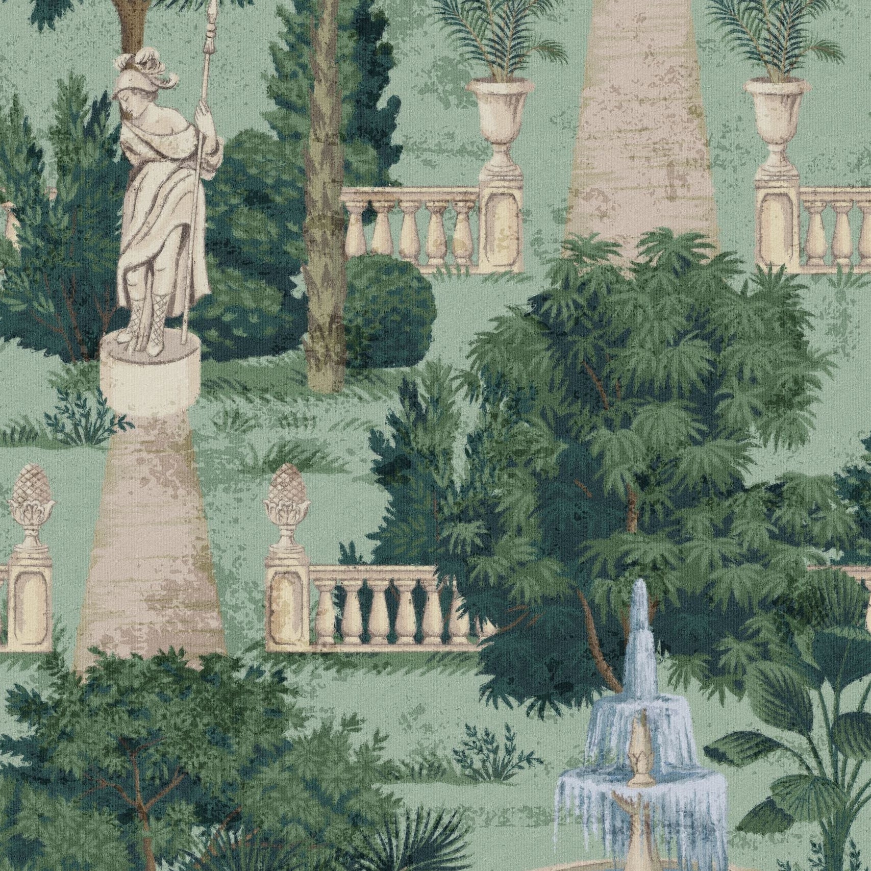 "Athena Wallpaper by Wall Blush featuring classical statues and fountains in an elegant room setting, perfect for home decor."