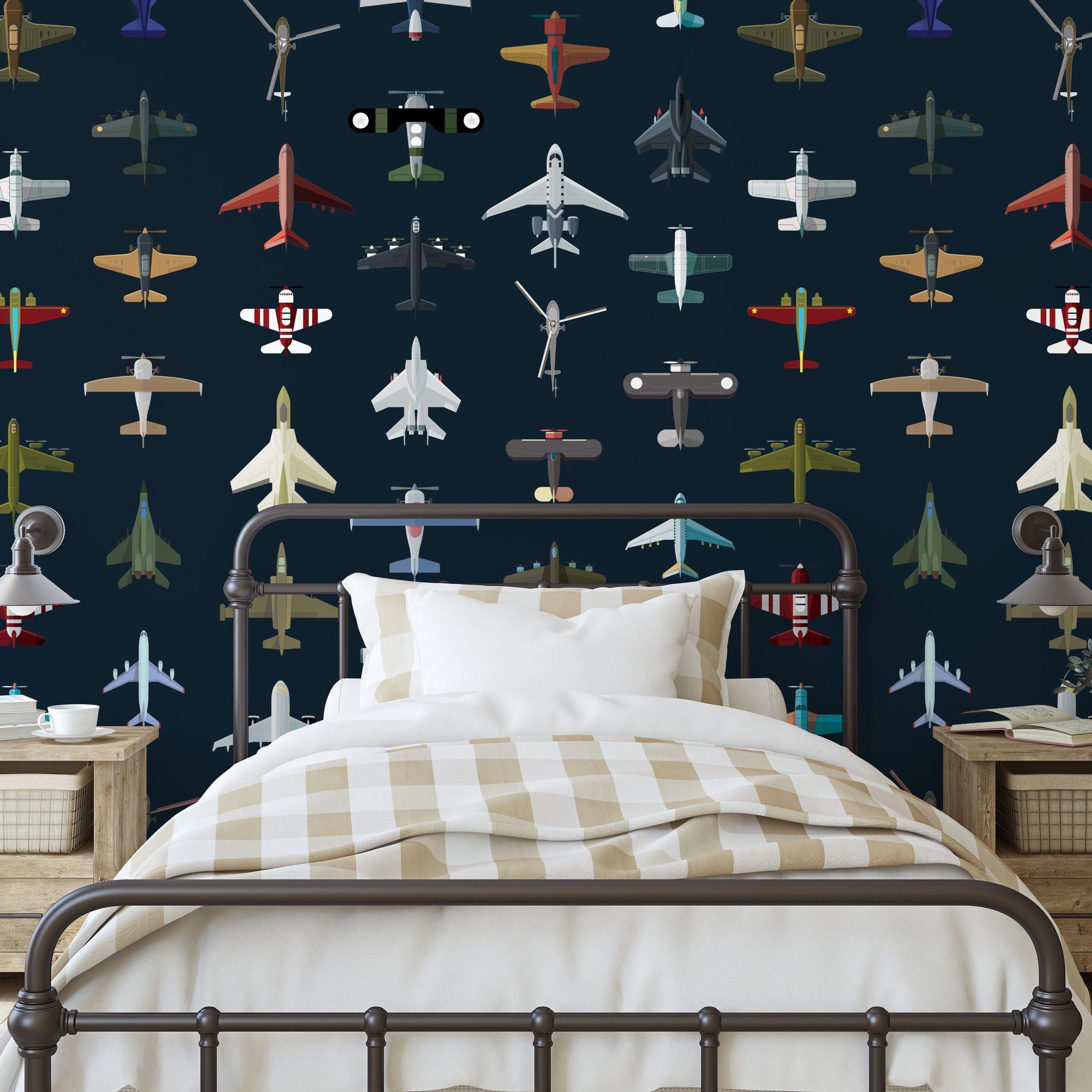 Aviator Wallpaper by Wall Blush in a stylish bedroom, showcasing airplane patterns with a modern aesthetic.
