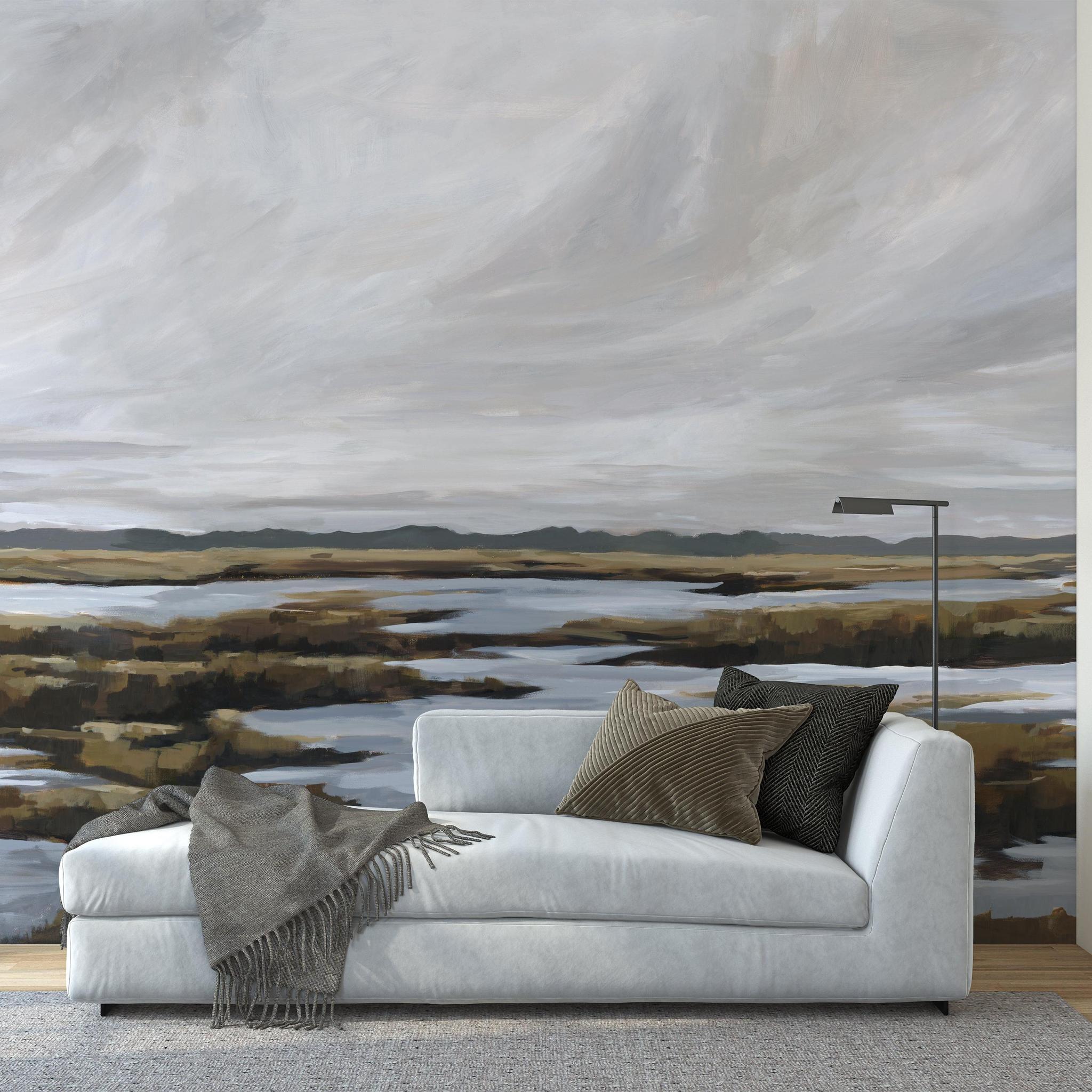 Beyond the Marsh Wallpaper from The David Brazier Line in a modern living room, highlighting stylish wall decor.