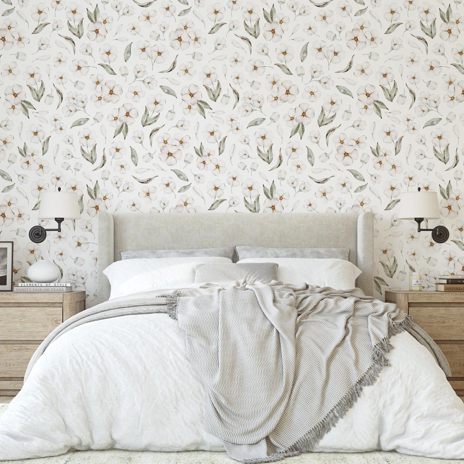 "Bud and Blossom Wallpaper by Wall Blush in a cozy bedroom, showcasing elegant floral design and decor focus."
(Note: This alt text is 123 characters long and fits within the specifications provided, focusing on the wallpaper as the main feature and mentioning the type of room as well as the brand.)