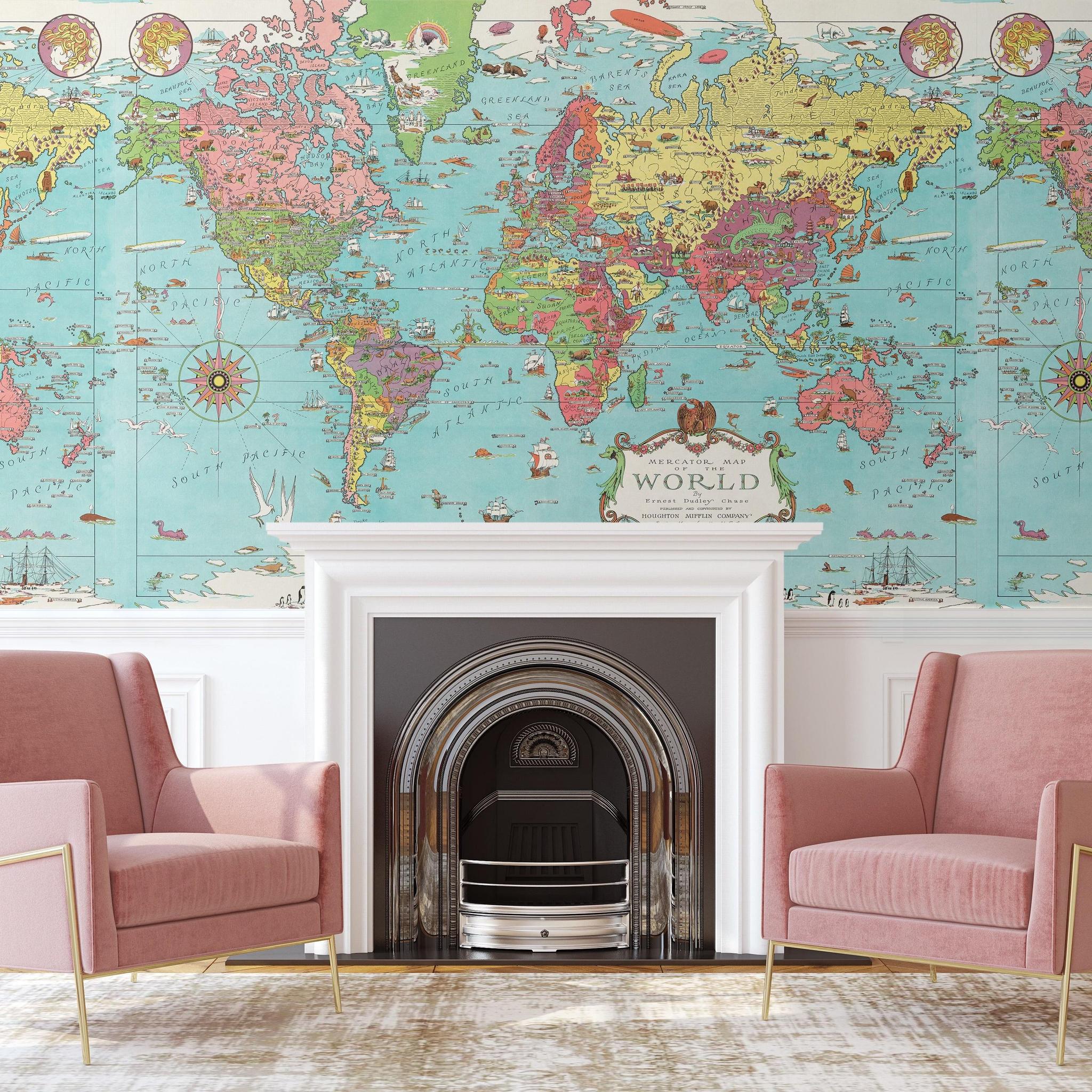 Dudley's World Wallpaper by Wall Blush adorning living room walls with vibrant world map design.