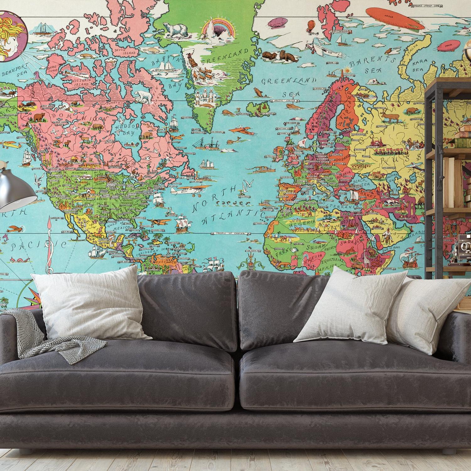 Dudley's World Wallpaper by Wall Blush in a cozy living room, with a focus on the vibrant map design.