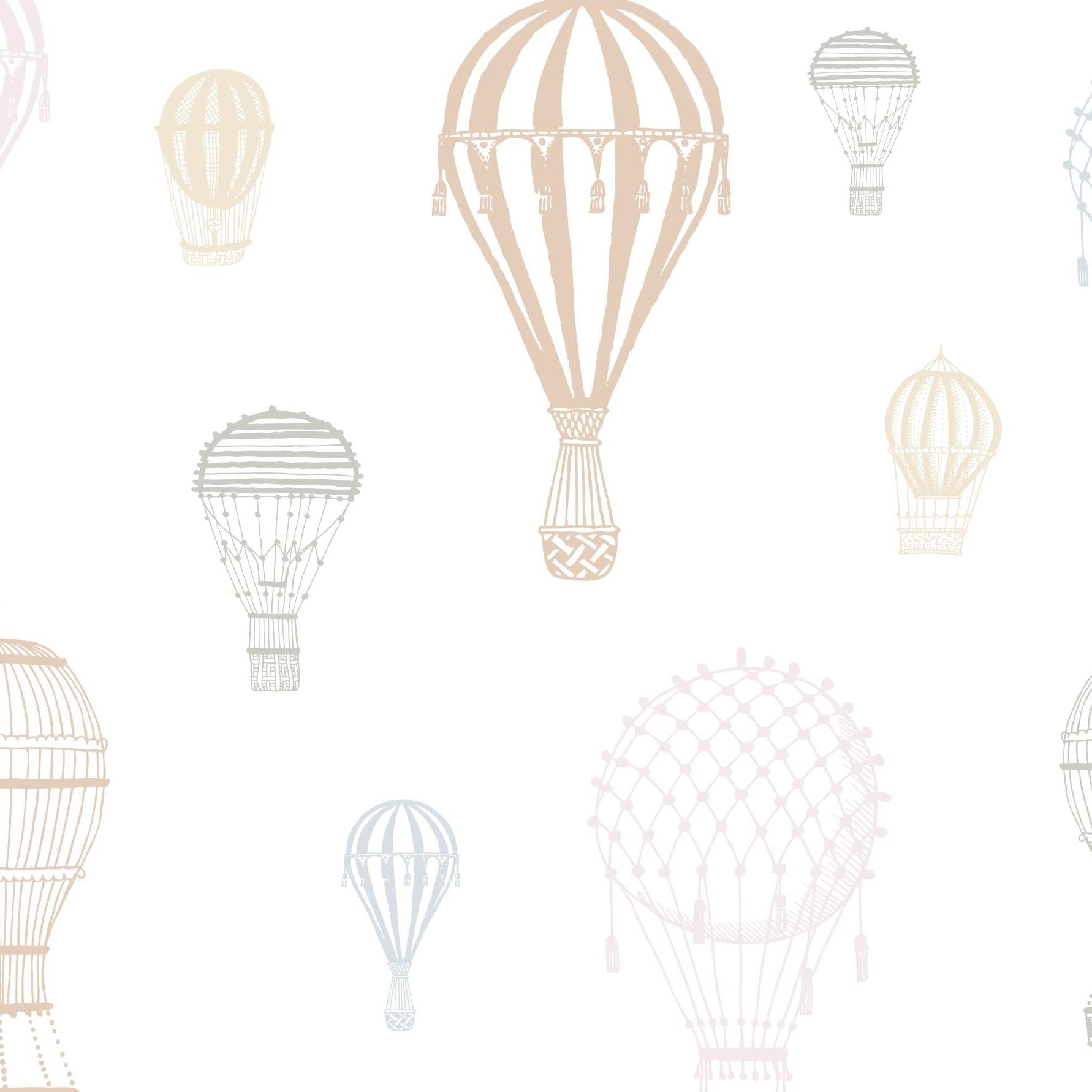Ellie Mural wallpaper by Wall Blush SG02 with pastel hot air balloon patterns for a nursery room.