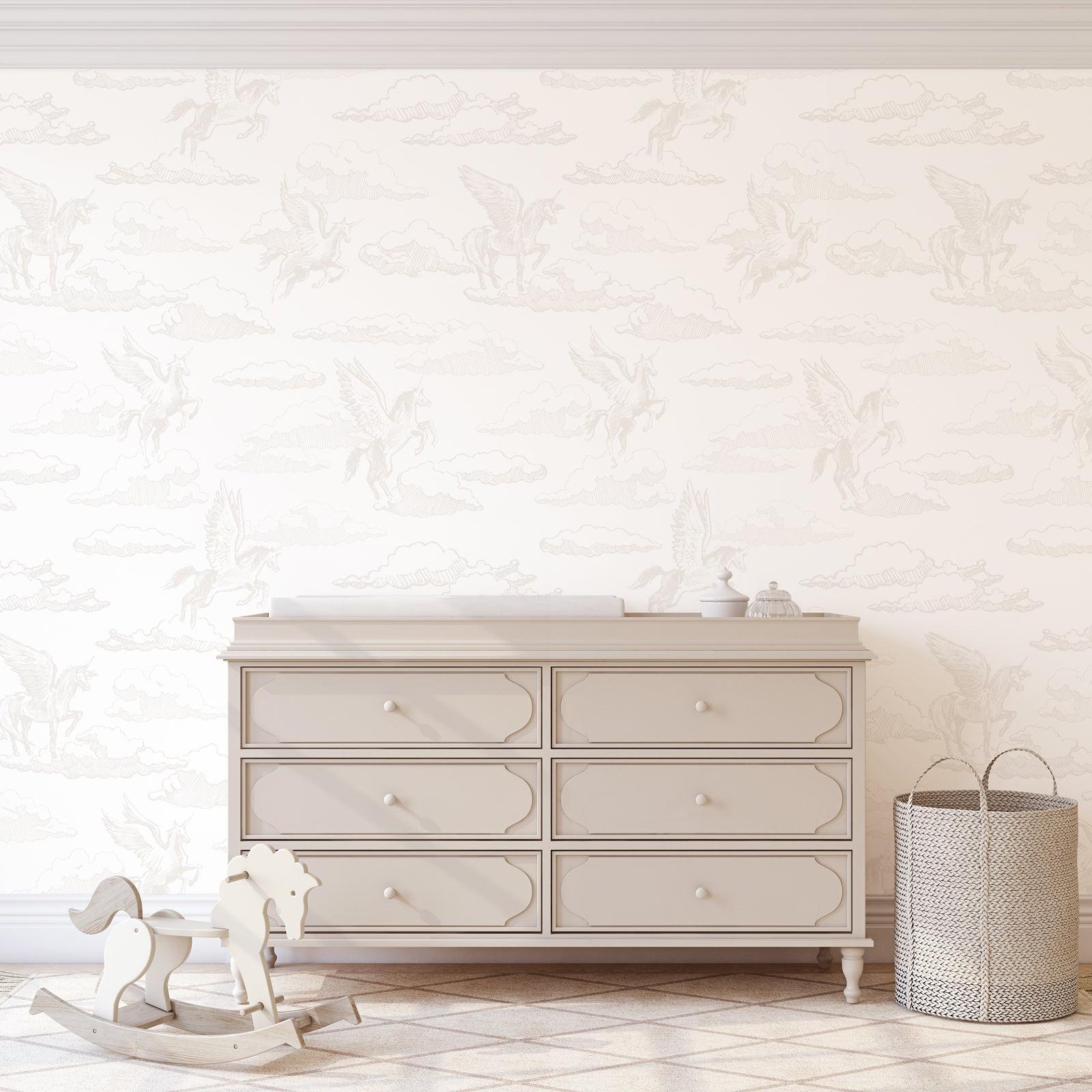 Wall Blush SG02 Enchanted Off White Wallpaper in elegant nursery room, with focus on wall decor.