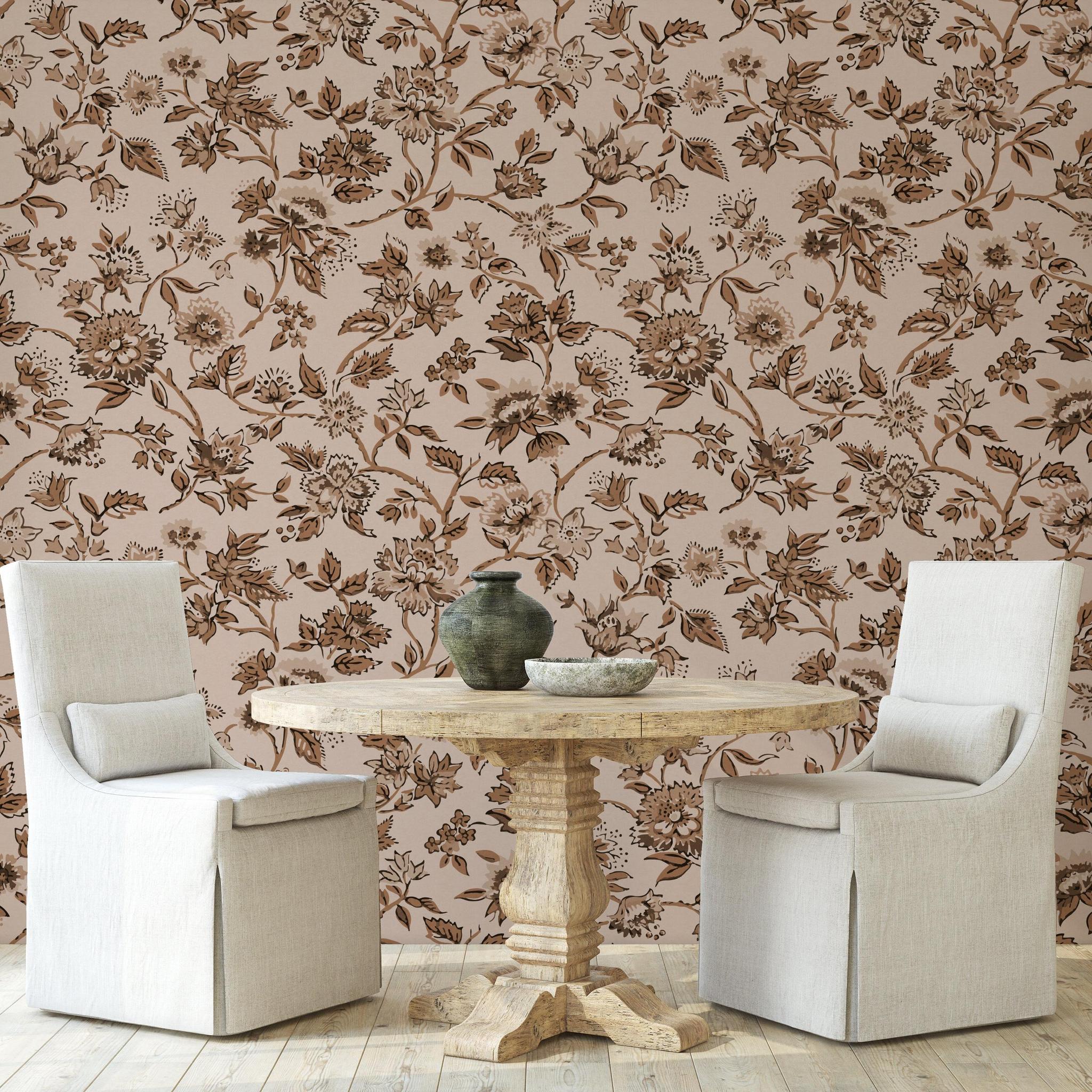Etta Wallpaper by Wall Blush SG02 featured in elegant dining room design with floral pattern focus