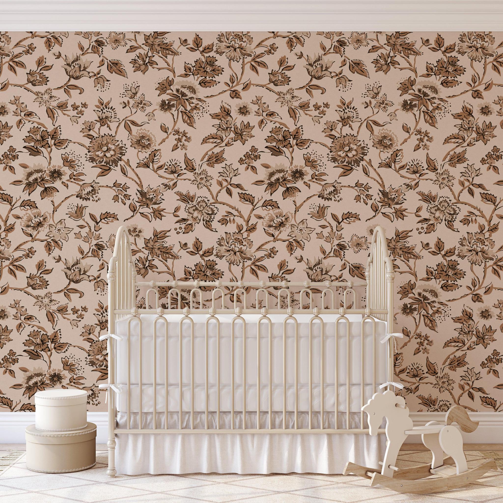 Elegant Etta Wallpaper by Wall Blush SG02 in a cozy nursery room with floral design focus.
