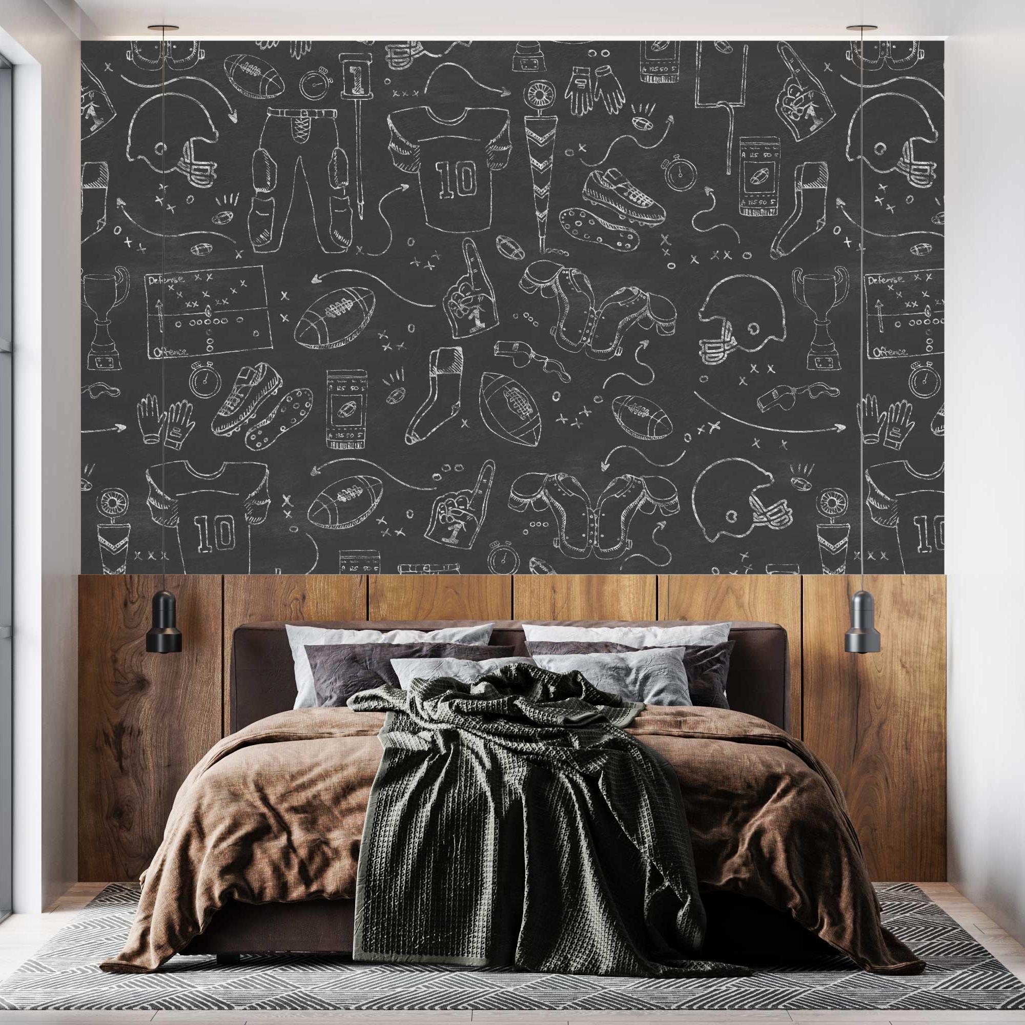 Blitz Wallpaper by Wall Blush SM01 in stylish bedroom showcasing sports-themed design focus.