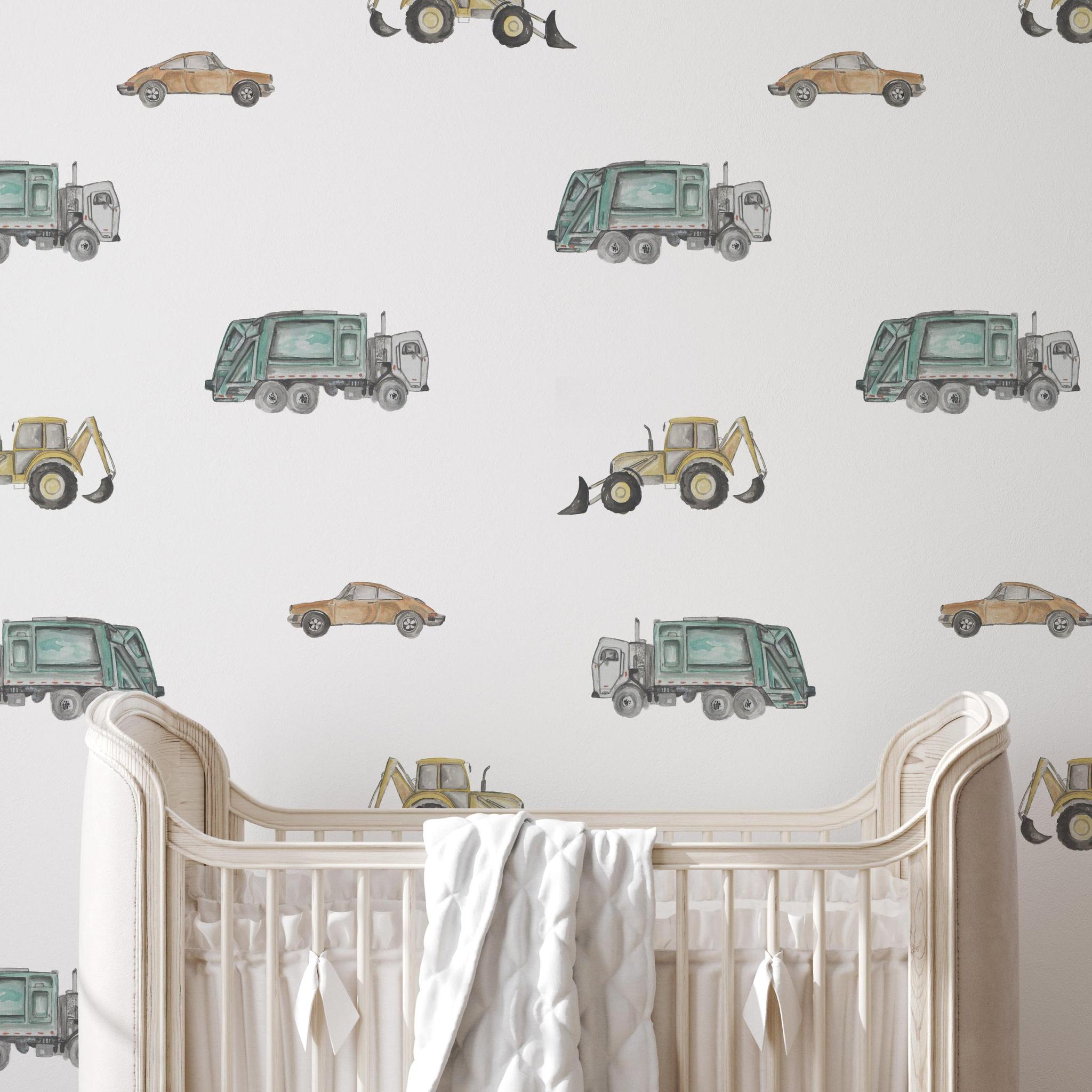 The Salem Gideon Line's Wheels on Wheels Wallpaper in a nursery, with playful vehicle designs.