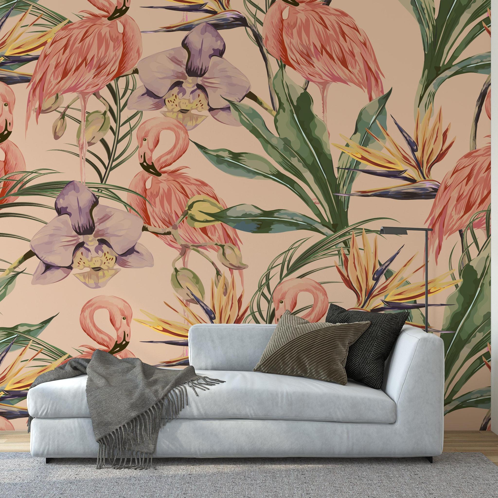Wall Blush SG02 Flamenco Wallpaper in a modern living room, showcasing vibrant tropical design.