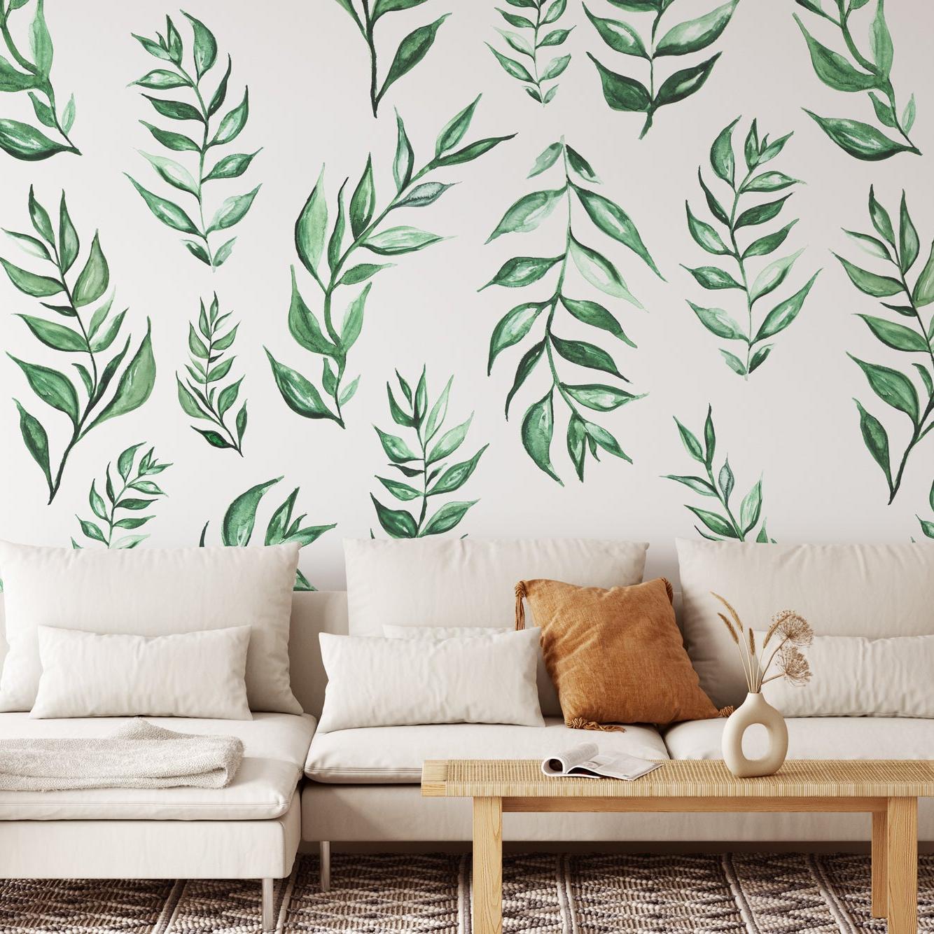 Fresh Start Wallpaper by The Minty Line in a cozy, modern living room, with leaf patterns as focus.