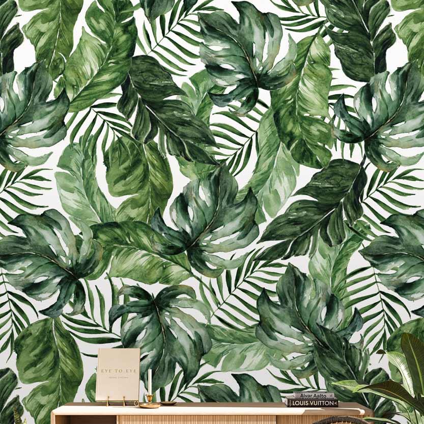 Good Vibes Wallpaper by Wall Blush SM01 in a stylish living room with tropical pattern focus.