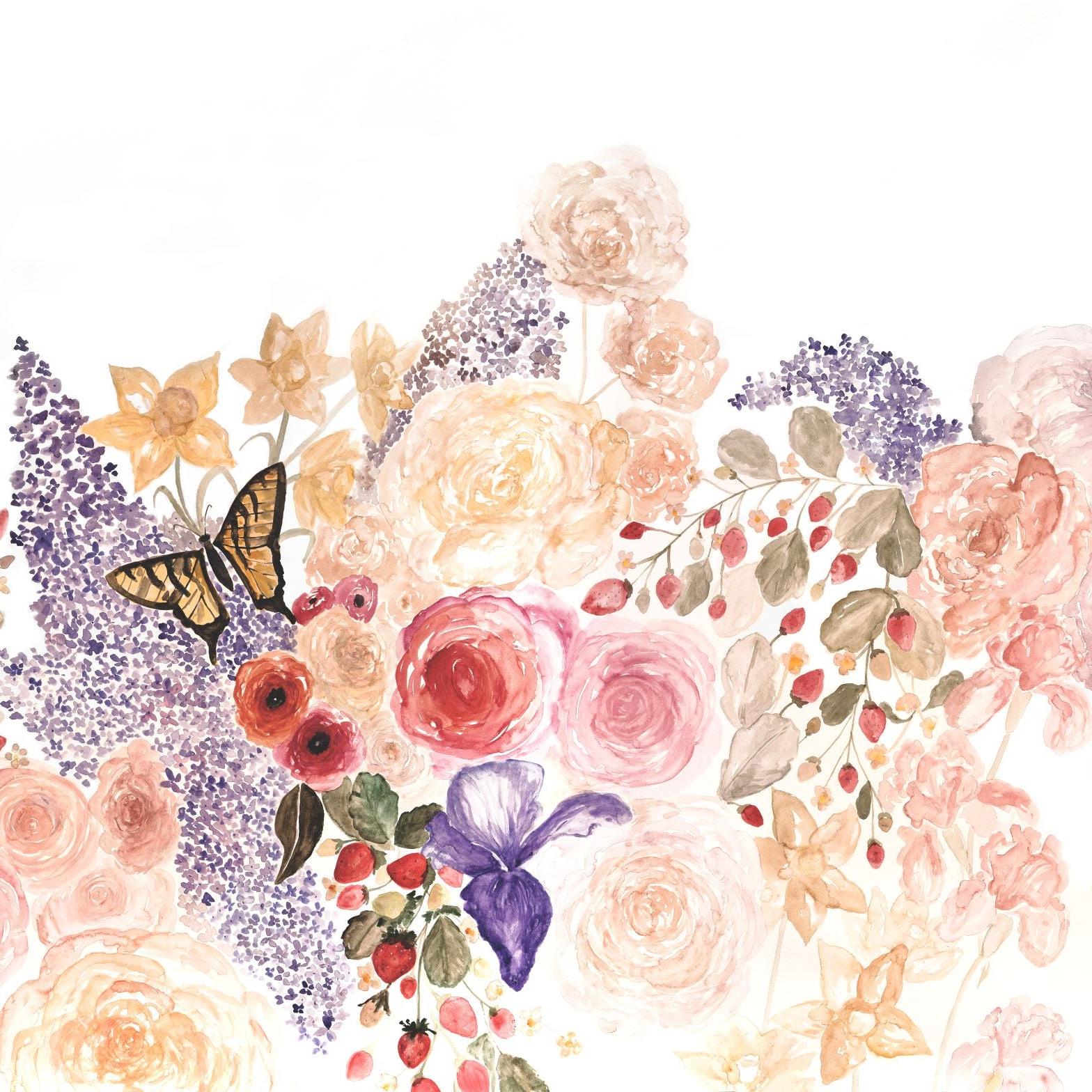 Garden Whimsy Wallpaper by The Salem Gideon Line adorning a bedroom wall with pastel floral patterns.