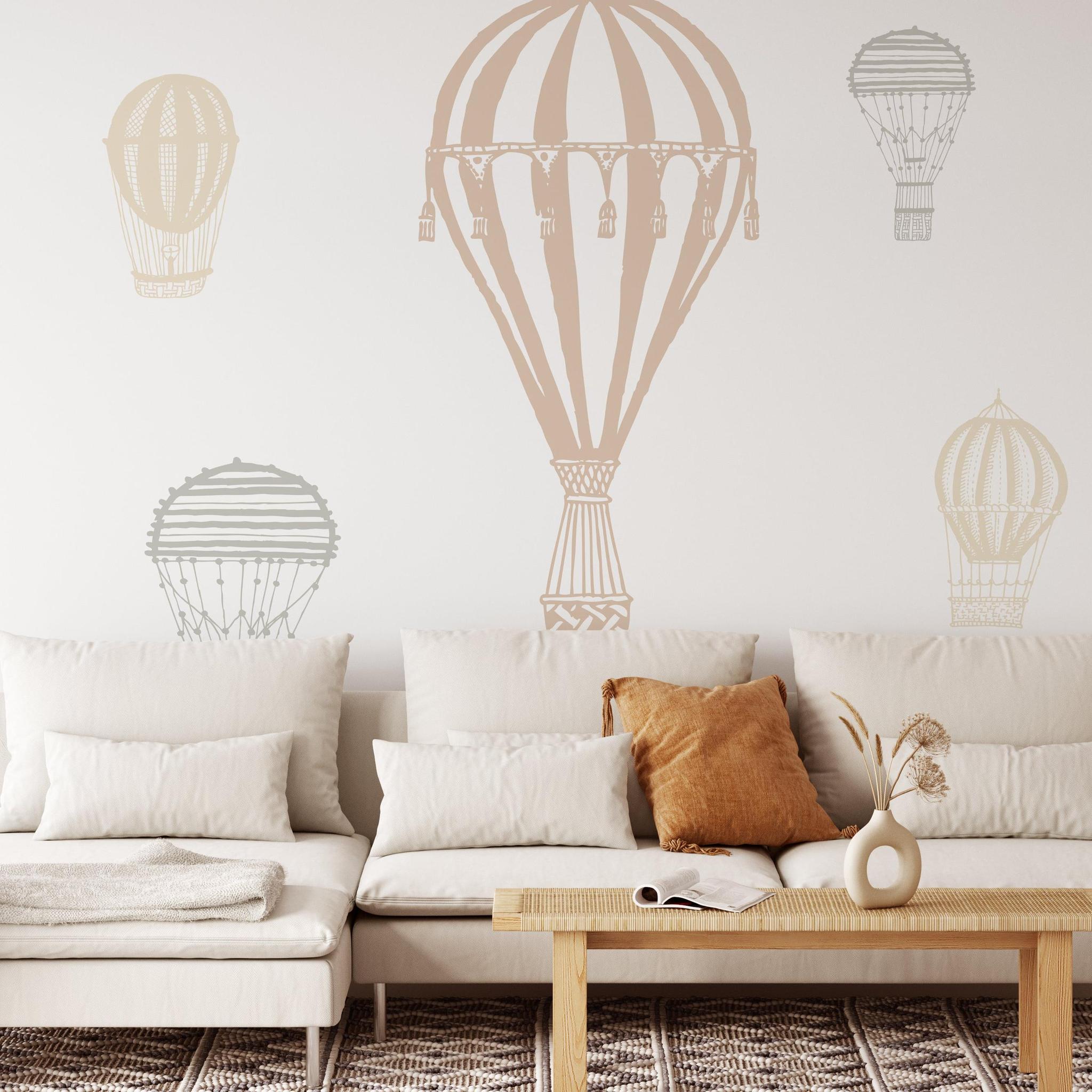 Ellie Mural by Wall Blush SG02 in a cozy living room with stylish hot air balloon wallpaper focus.