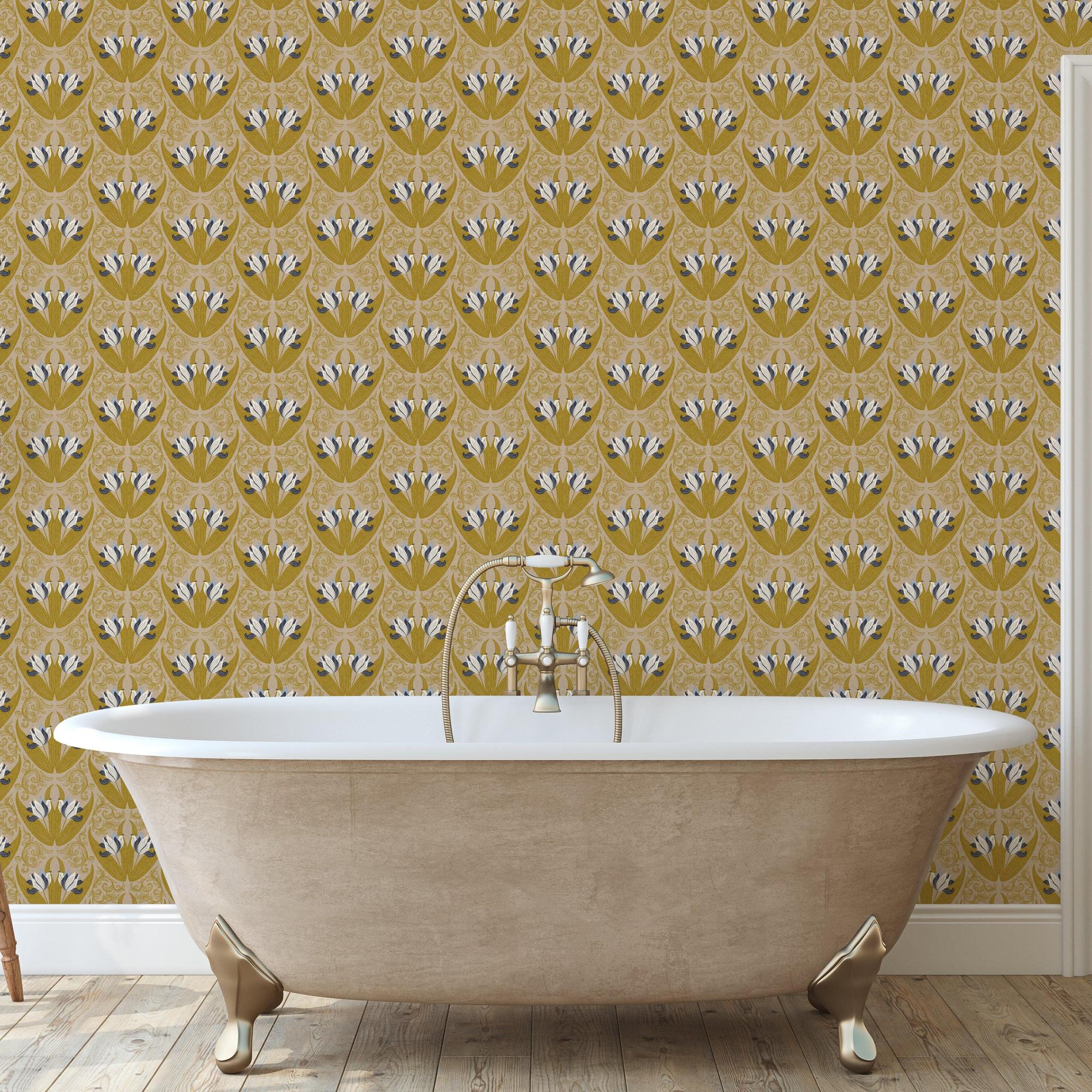 Josephine Wallpaper by Wall Blush SG02 enhances the elegance of a chic bathroom interior.
