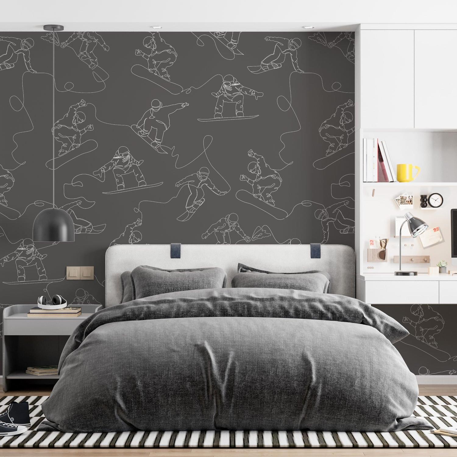 Modern bedroom featuring Summit (Grey) Wallpaper by Wall Blush SM01, with focus on stylish wall decor.