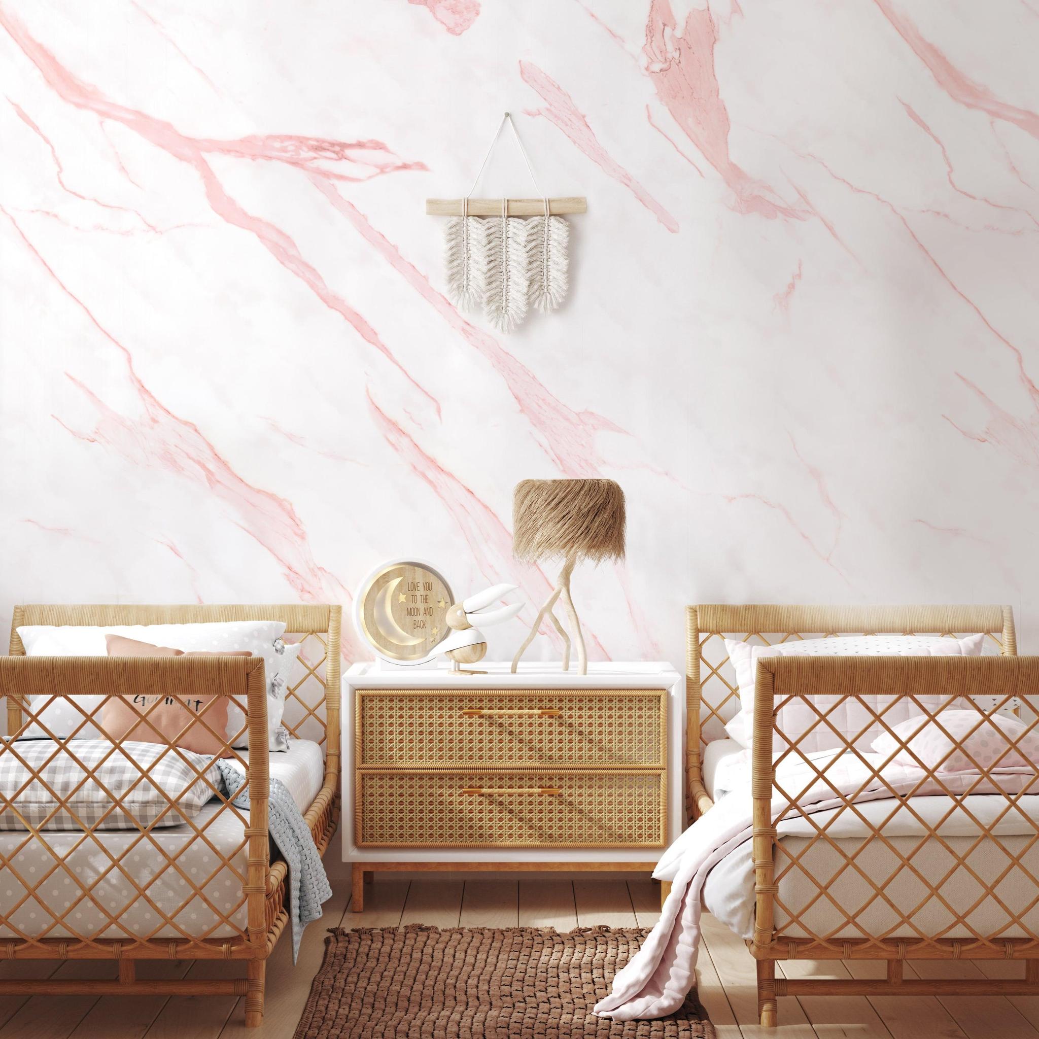 Ethereal Wallpaper by The Clements Crew Line in a serene bedroom setting highlighting elegant wall patterns.